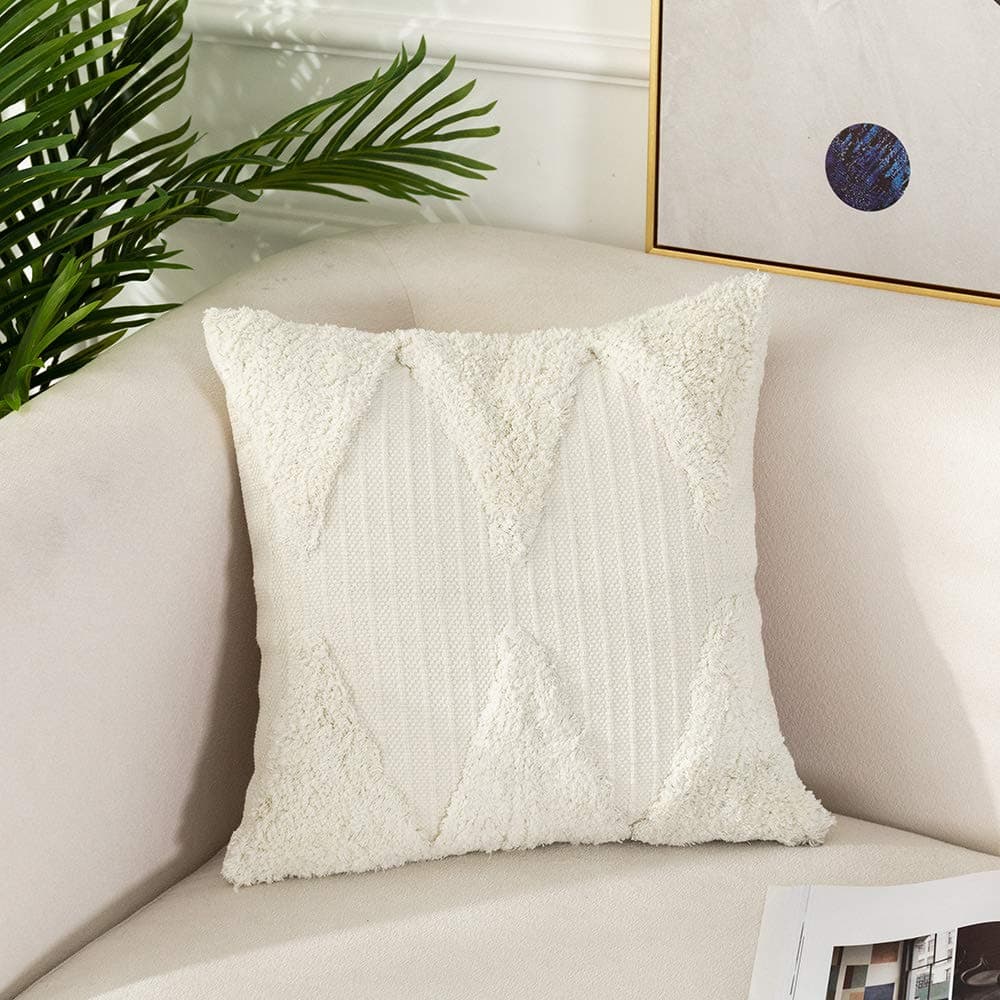 OJIA Boho Decorative Throw Pillow Cover, Tufted Woven Shag Pillowcase Minimalist Neutral Collection Accent Square Cushion Cover for Farmhouse Bed Sofa Living Room Bedroom (18 x 18 inch, Cream White)
