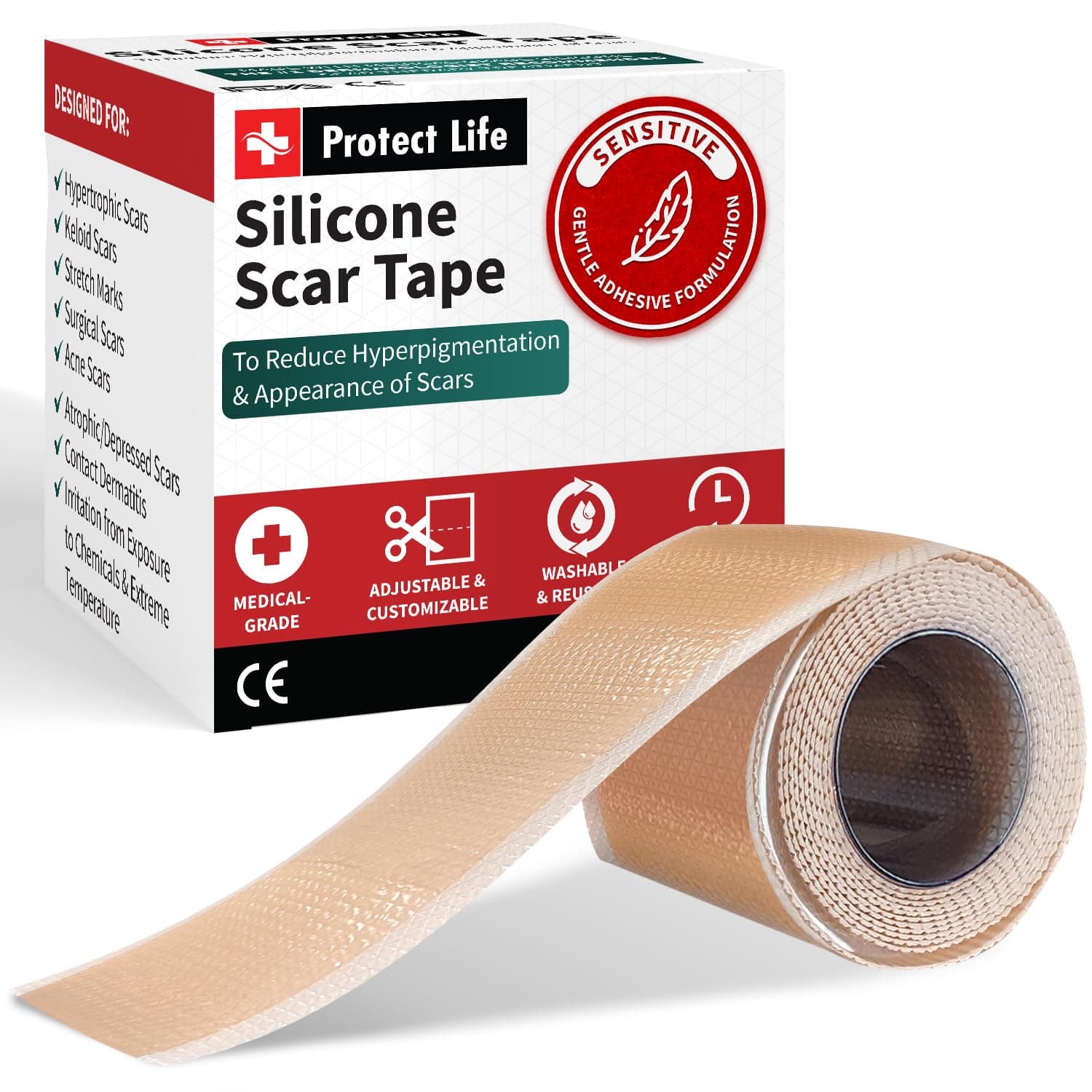 Protect Life Silicone Scar Sheets 1.6" x 118" Roll-3M - Medical Grade Scar Tape for Keloid Bump Removal - Reusable Silicone Tape Scar Removal Strips, Patches for Surgical Scars, C Section
