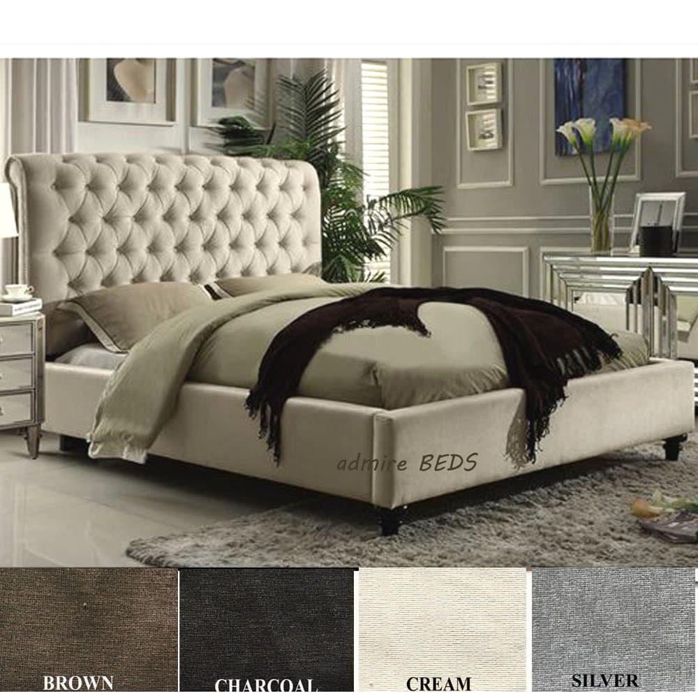 Admire BEDS New Rome Quality Upholstered Chesterfield Design Sleigh Bed Frame in luxurious Cream Naples Suede (British Velvet) Fabric 5 Ft (King Size) [Energy Class A+]
