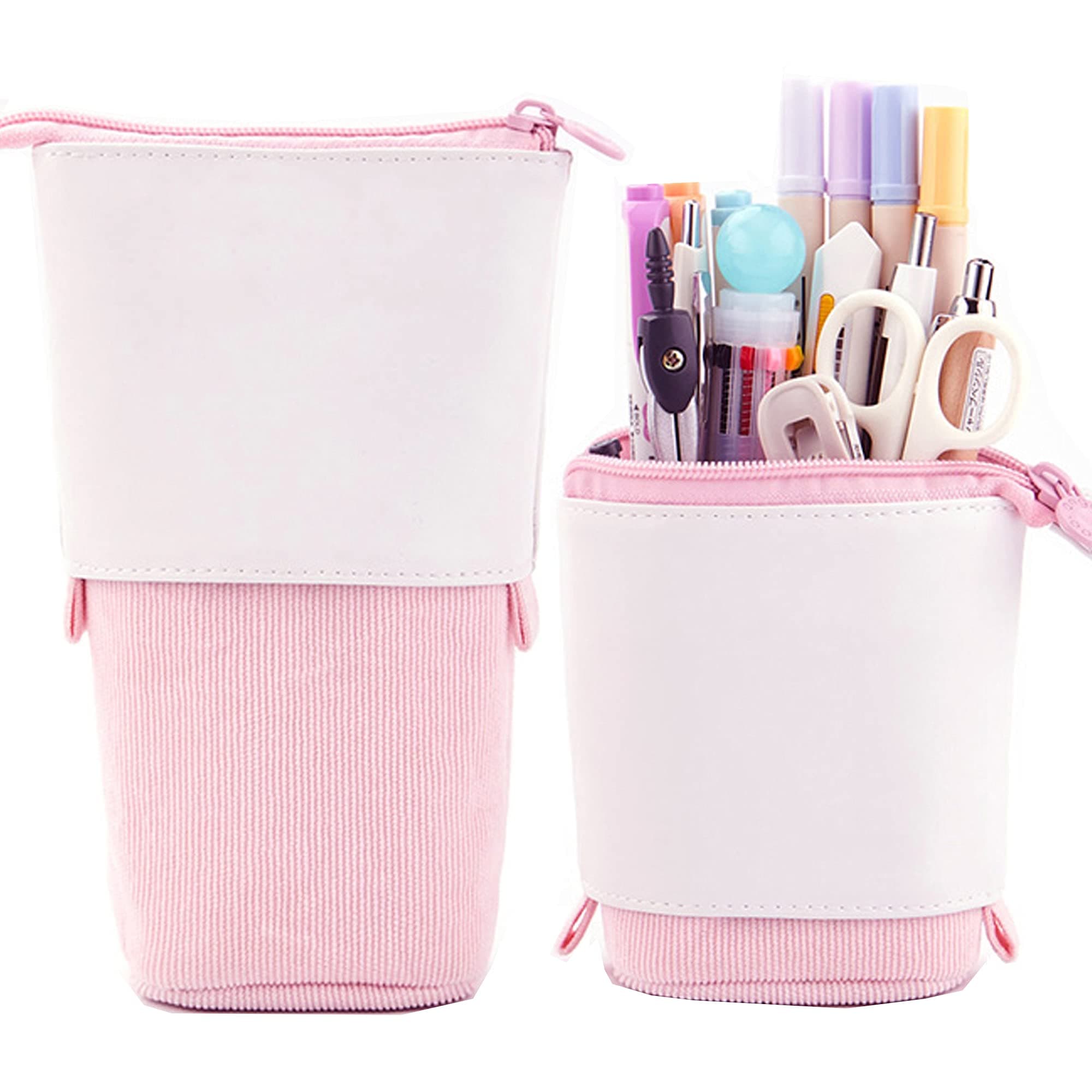 Telescopic Pencil Bag Pen Holder Stationery Case, PU Corduroy Stand-up Retractable Transformer Bag Colorful Organizer, Great for Christmas Holiday (Pink)