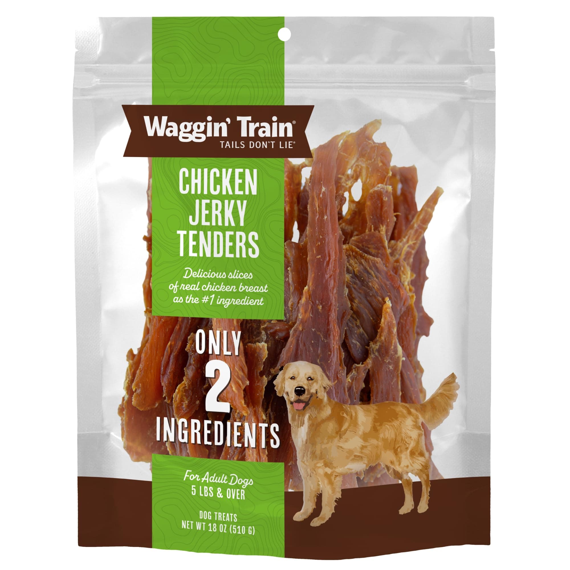 Waggin' Train Chicken Jerky Dog Treats, Made with 100% Real Chicken Breasts, Only Two All-Natural Ingredients, Great High Protein Dog Treat, Easily Digestible for Big or Small Dogs, 18 oz. Pouch