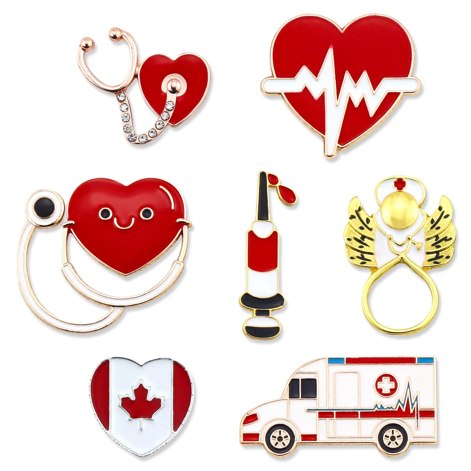 Cute Medicine Enamel Lapel Pin Set, LEEFONE 7 PCS Cartoon Stethoscope Heart Beat Badges Brooch Pins for Doctor Nurse Medical Students Clothing Bags Women Men