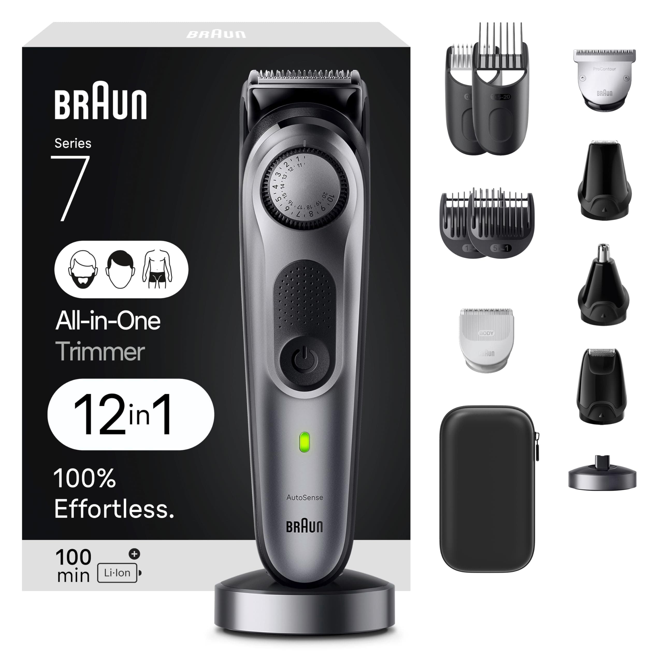 Braun All-in-One Men's Shaving Kit Series 7 7440, 12-in-1 Beard, Face, Nose, Ear Trimmer, Hair Clippers, Body Groomer and Manscaping + Travel Case + Charging Stand