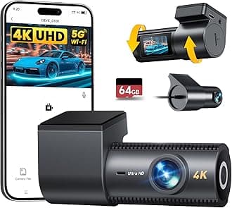 4K Dash Cam Front and Rear, 64GB SD Card, 1.5” IPS Display Car Camera, 5Ghz WiFi+App Control, Night Vision, 24H Parking Mode, G-Sensor, WDR, 170° Wide Angle, 4K+1080P Dual Dash Camera for Cars