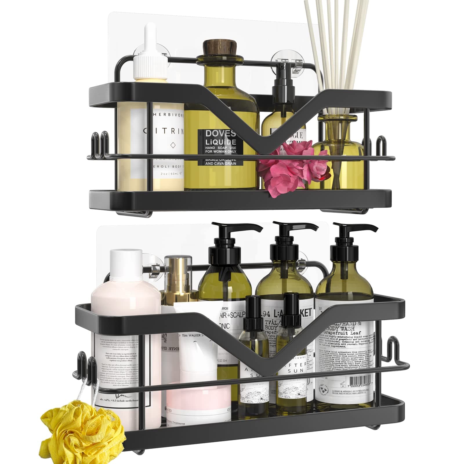 Shower Caddy Black, Bathroom Storage Shower Shelf No Drilling Adhesive Shelf with Included Hooks for Hanging Razor and Towels - 2 Pack