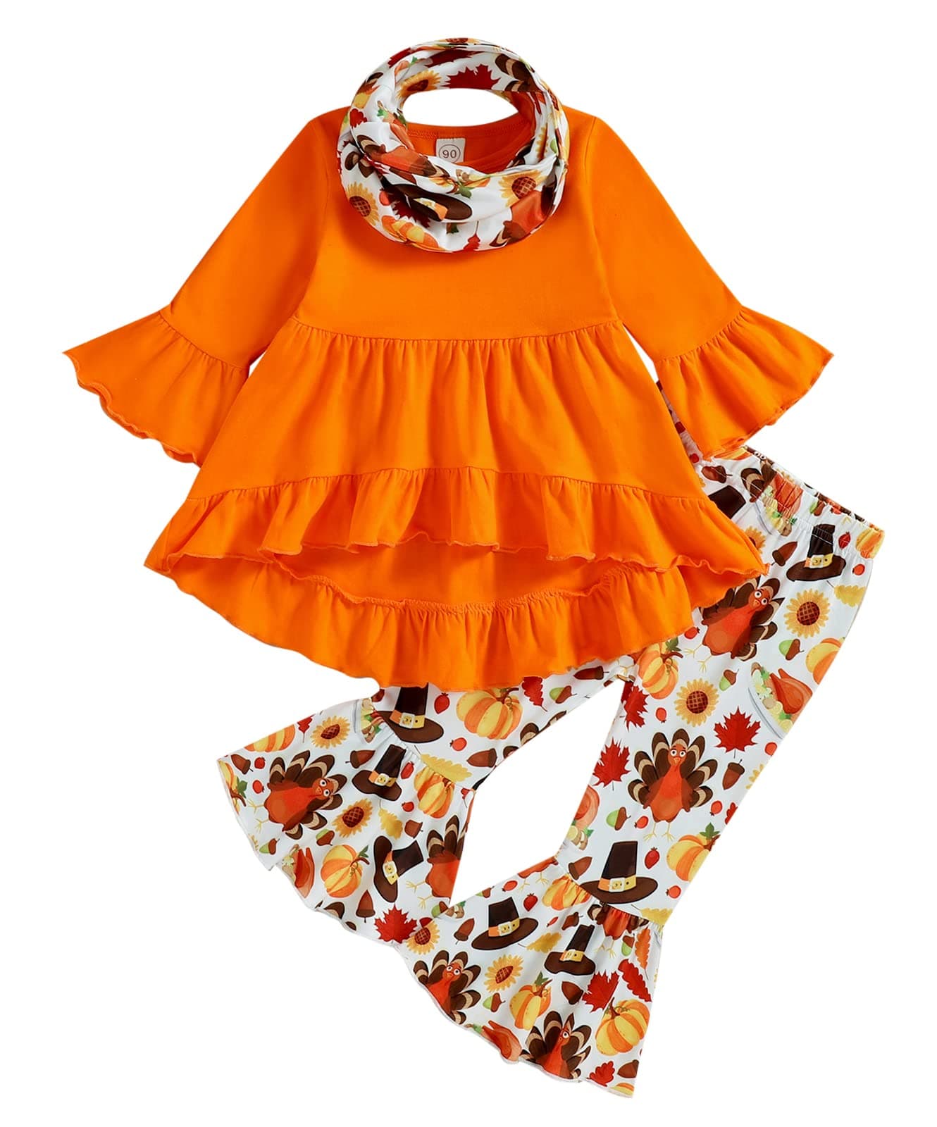Sinhoon Toddler Baby Girls Thanksgiving Outfits Kids Long Sleeve T-Shirt Top+Flared Long Pants+Scarf Clothes Set