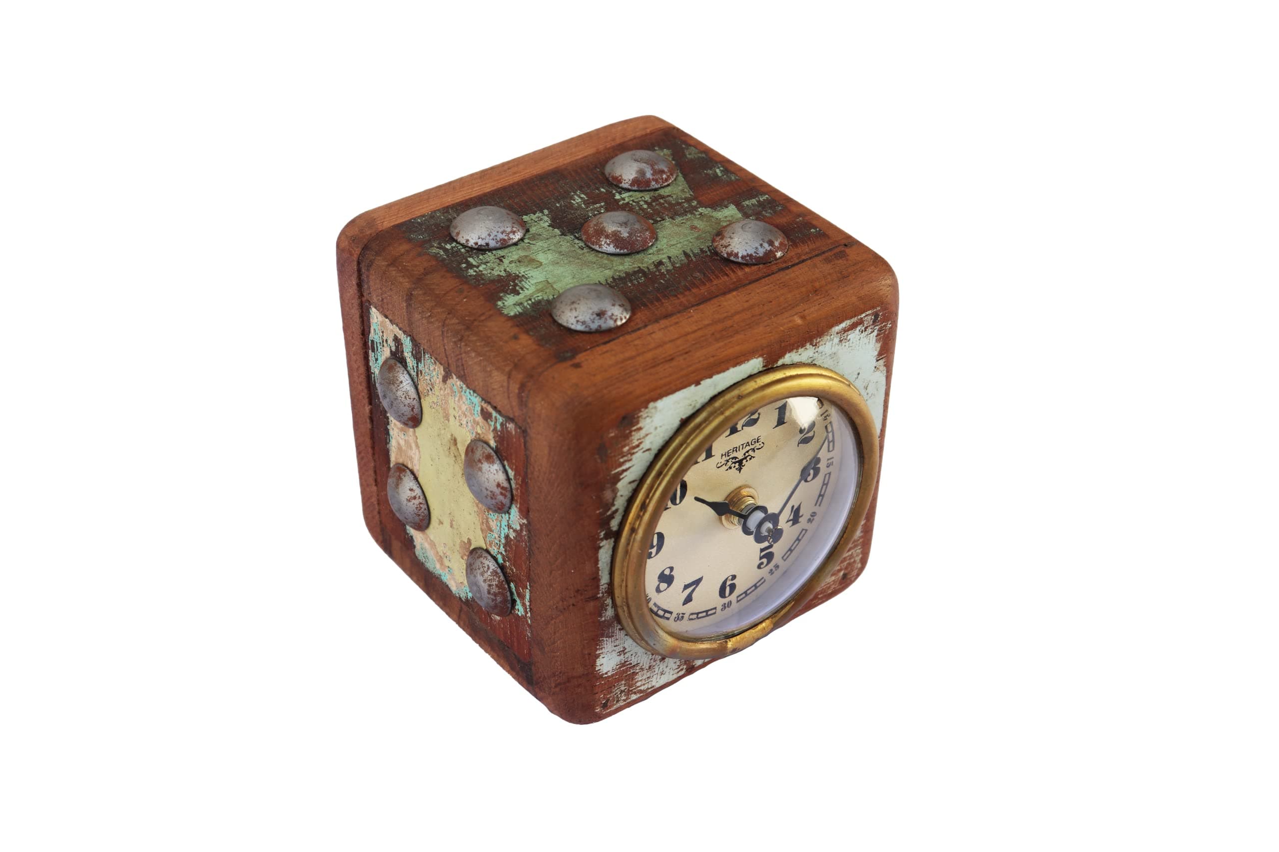 De Kulture WorksHandcrafted Reclaimed Wood Dice Vintage Table Clock Limited Edition Collectible Timepieces Antique Timekeeper for Living Dining Room Office,12x12x12 (LWH)