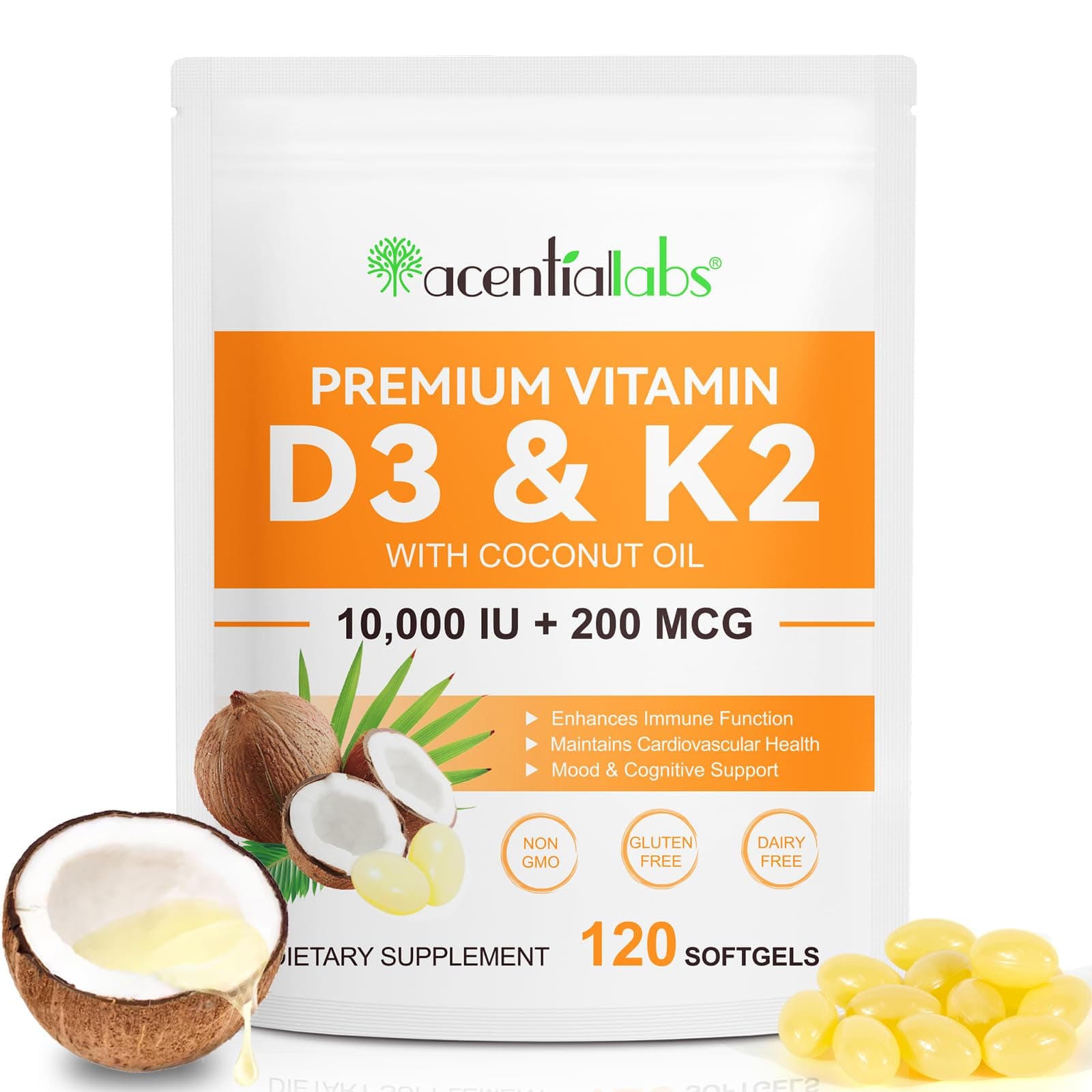 Vitamin D3 K2 Supplement Softgels, 10000 IU VIT D3 + 200 MCG K2 (MK-7) | 2-in-1 Replenish Formula with Coconut Oil, Supports in Calcium Absorption, Easy to Swallow 120 Capsules.