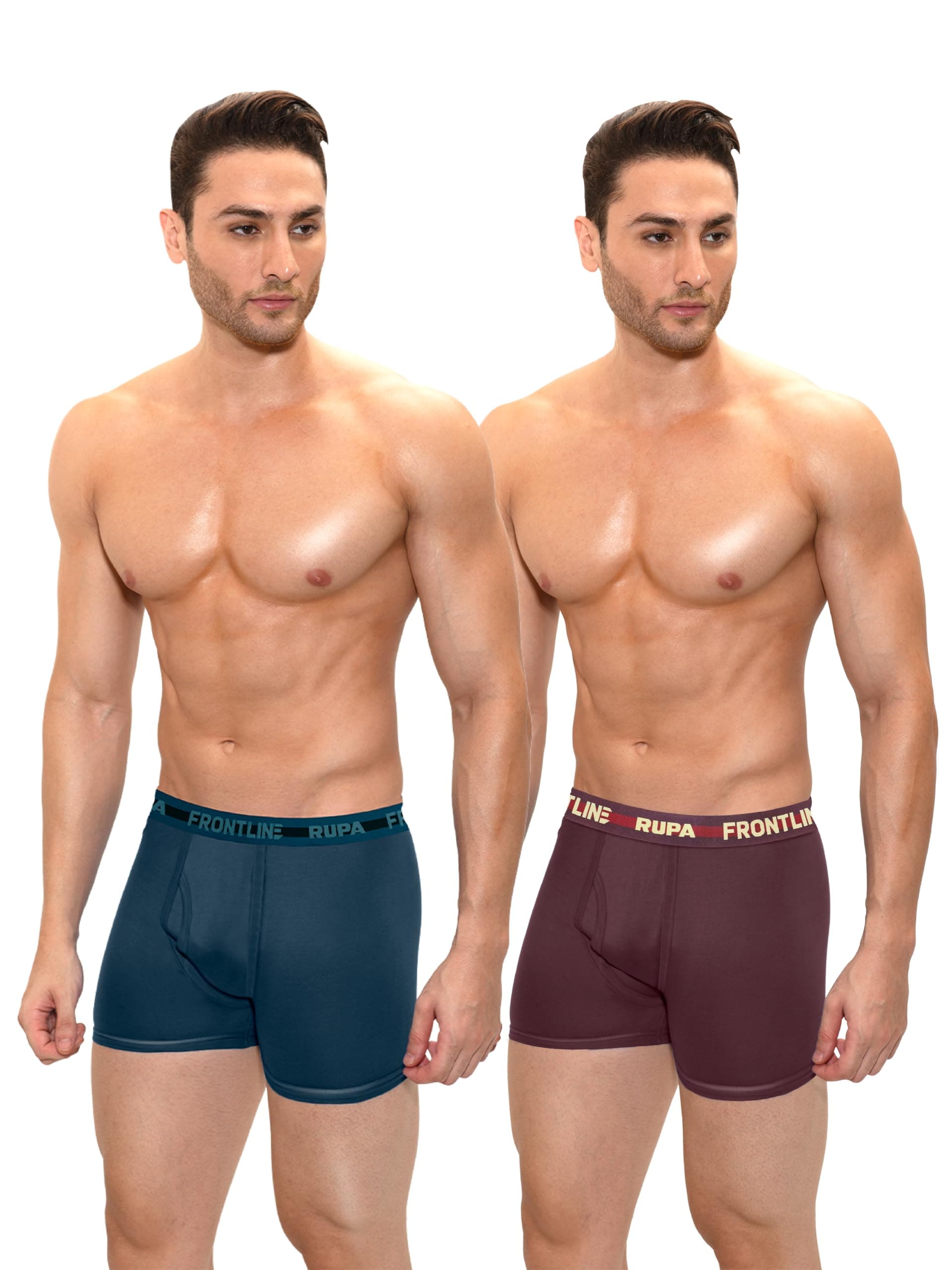 Rupa Frontline Solid Hunk Long Trunk for Men, 100% Cotton Fabric, Outer Elastic, Colors May Vary Pack of 2
