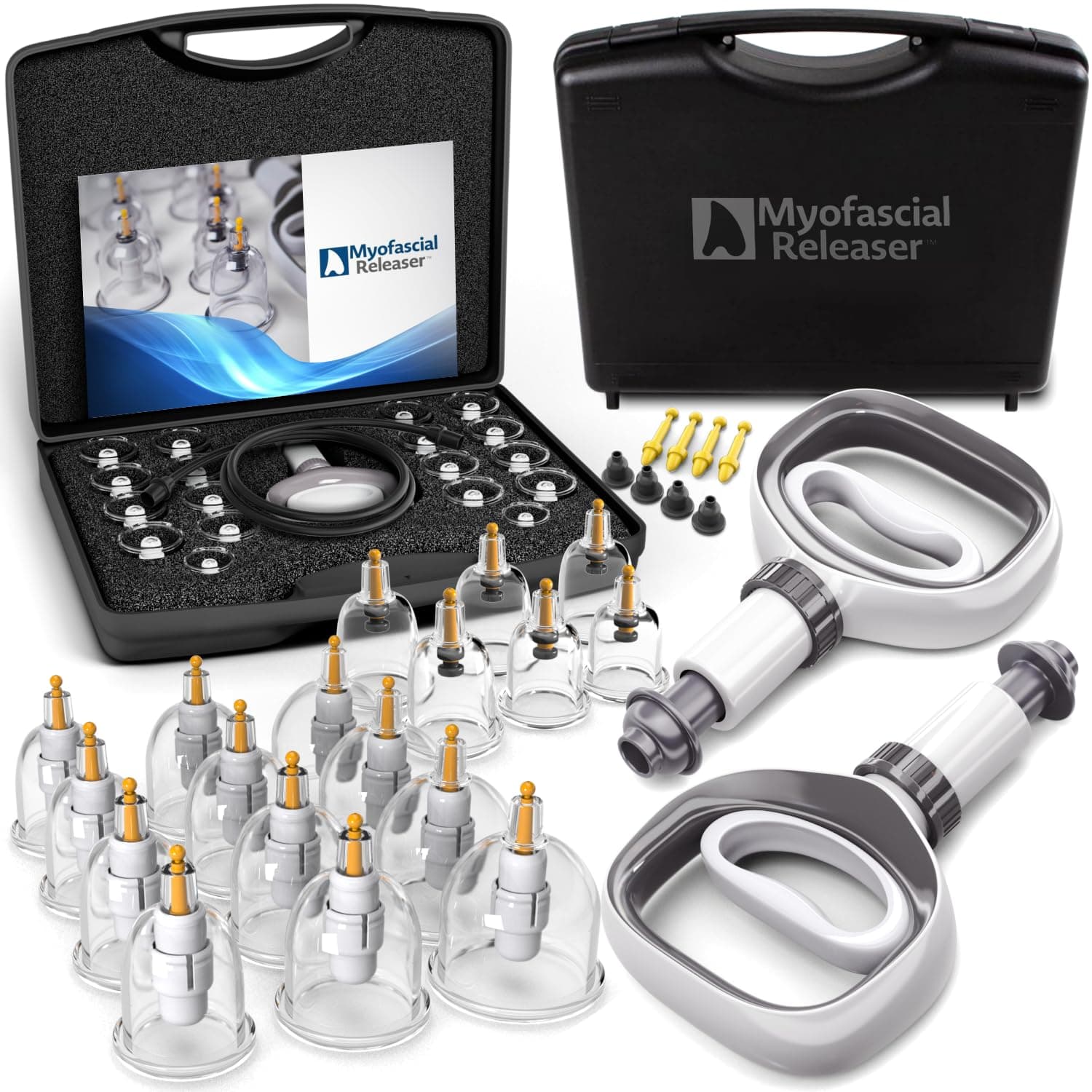 Myofascial Releaser Professional Cupping Therapy Set By Myofascial Releaser **Free Replacement Cups** 18 Multi-Sized Cups With Large&Facial Sized Vacuum Cups - Massage&Physical Therapy Equipment Set