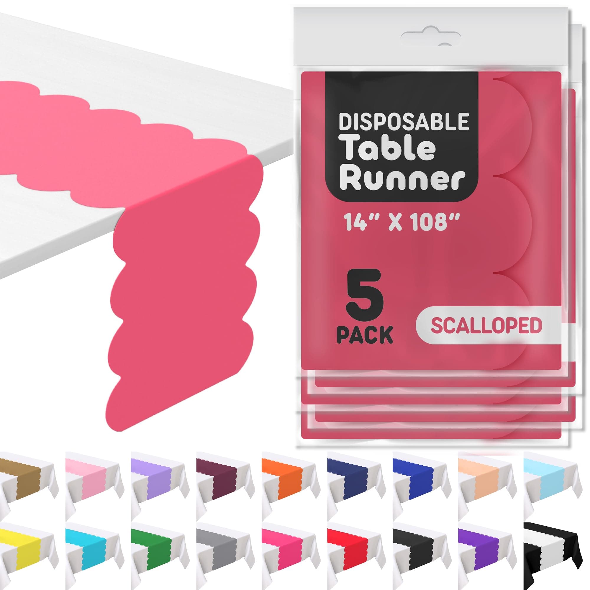 Hot Pink Plastic Disposable Table Runner. 5 Pack 14 x 108 inch. Scallop Table Runner Adds A Pop of Color To Your Party Table, by Swanoo