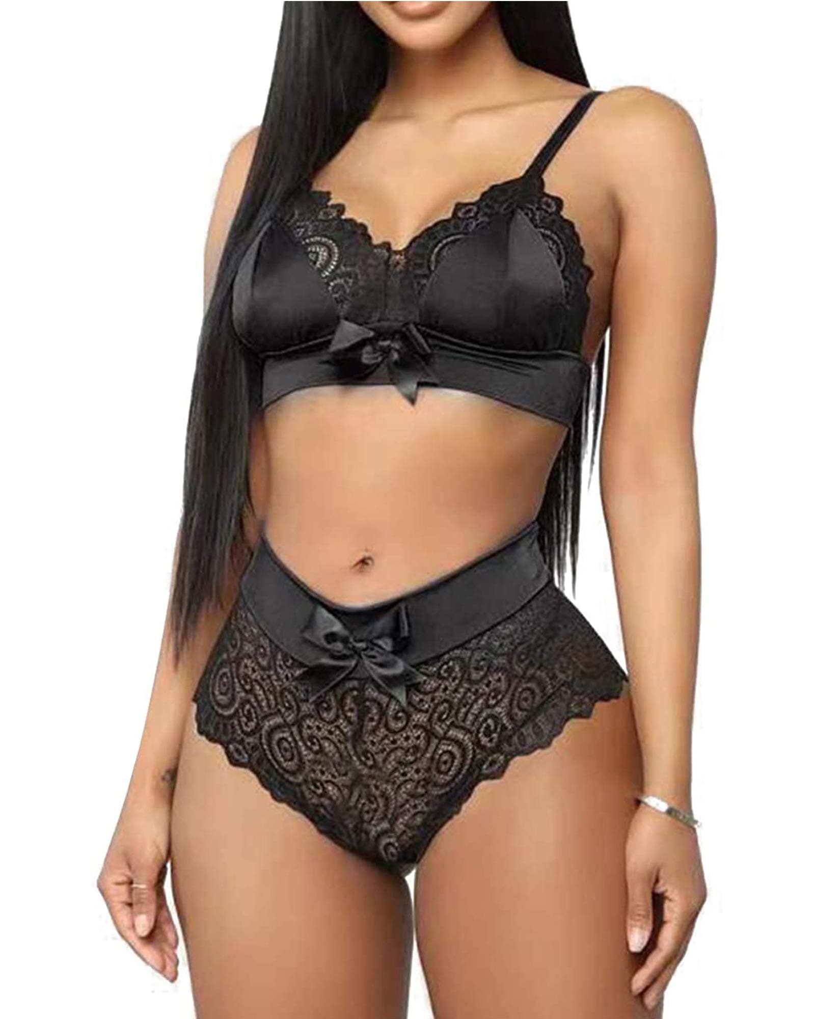 SpringcmyWomen Sexy Lace Lingerie Set Nightwear Two Piece See-Through Floral Bowknot Sling Bra and Sexy Briefs