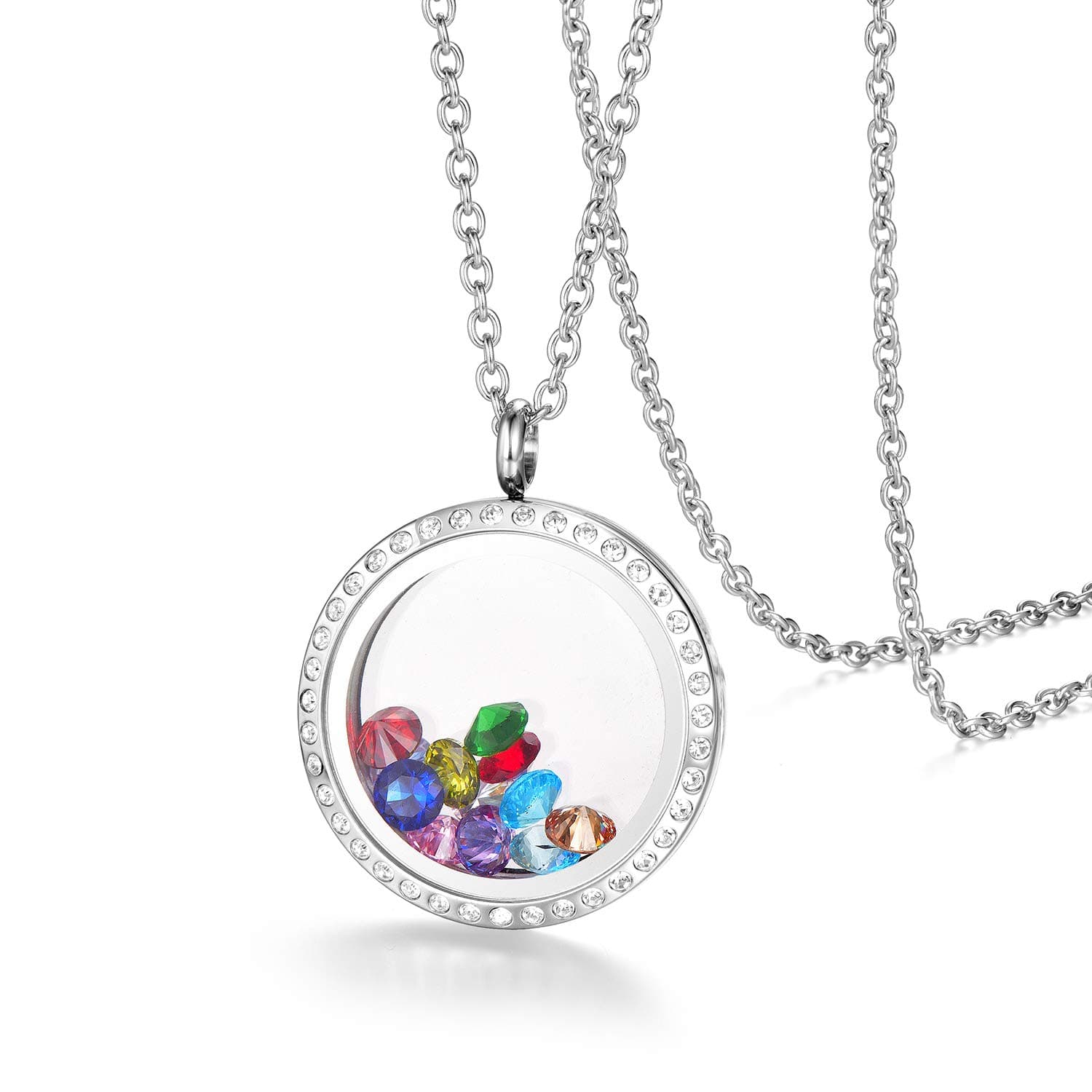 EVERLEADEVERLEAD Stainless Steel Living Memory Floating Charms Locket Necklace with Czech Crystals