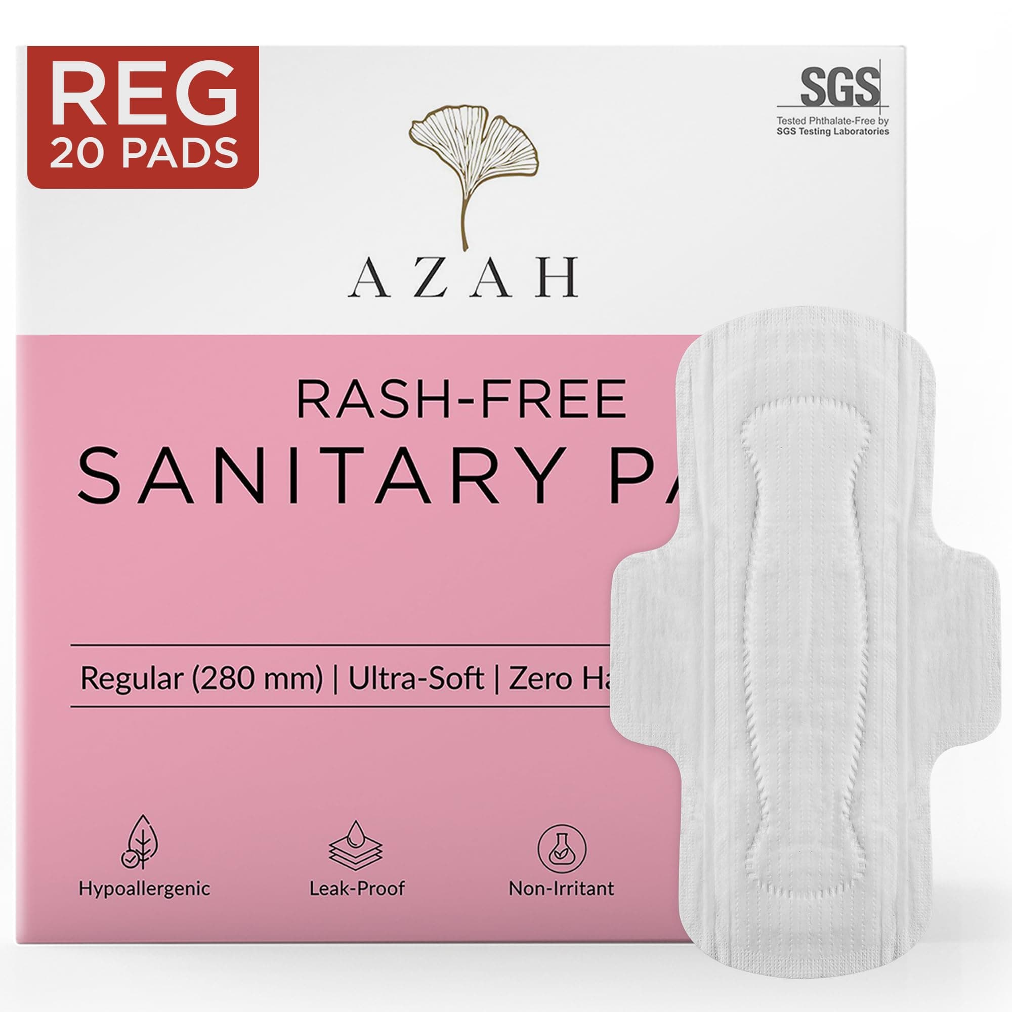 Azah Rash-Free Sanitary Pads for women | Organic Cotton Pads | Box of 20 Pads - without Disposable bags | MADE SAFE Certified (Regular)
