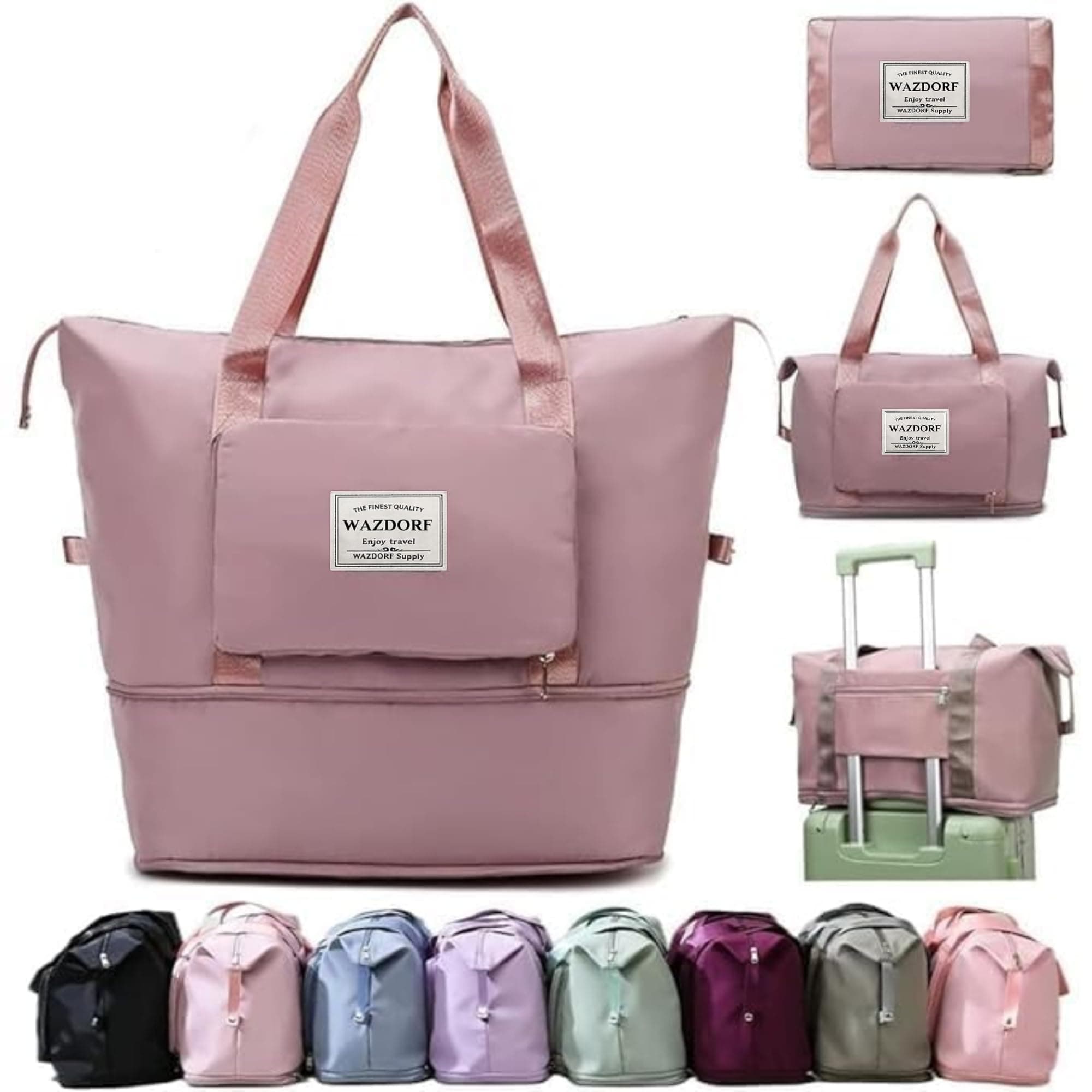 Wazdorf Nylon 41 Liter Expandable Travel Bags for Women, Duffle Bags for Women Luggage, Foldable Vanity Traveling Bag, Waterproof Hand Bag for Ladies Personal Items,Pink