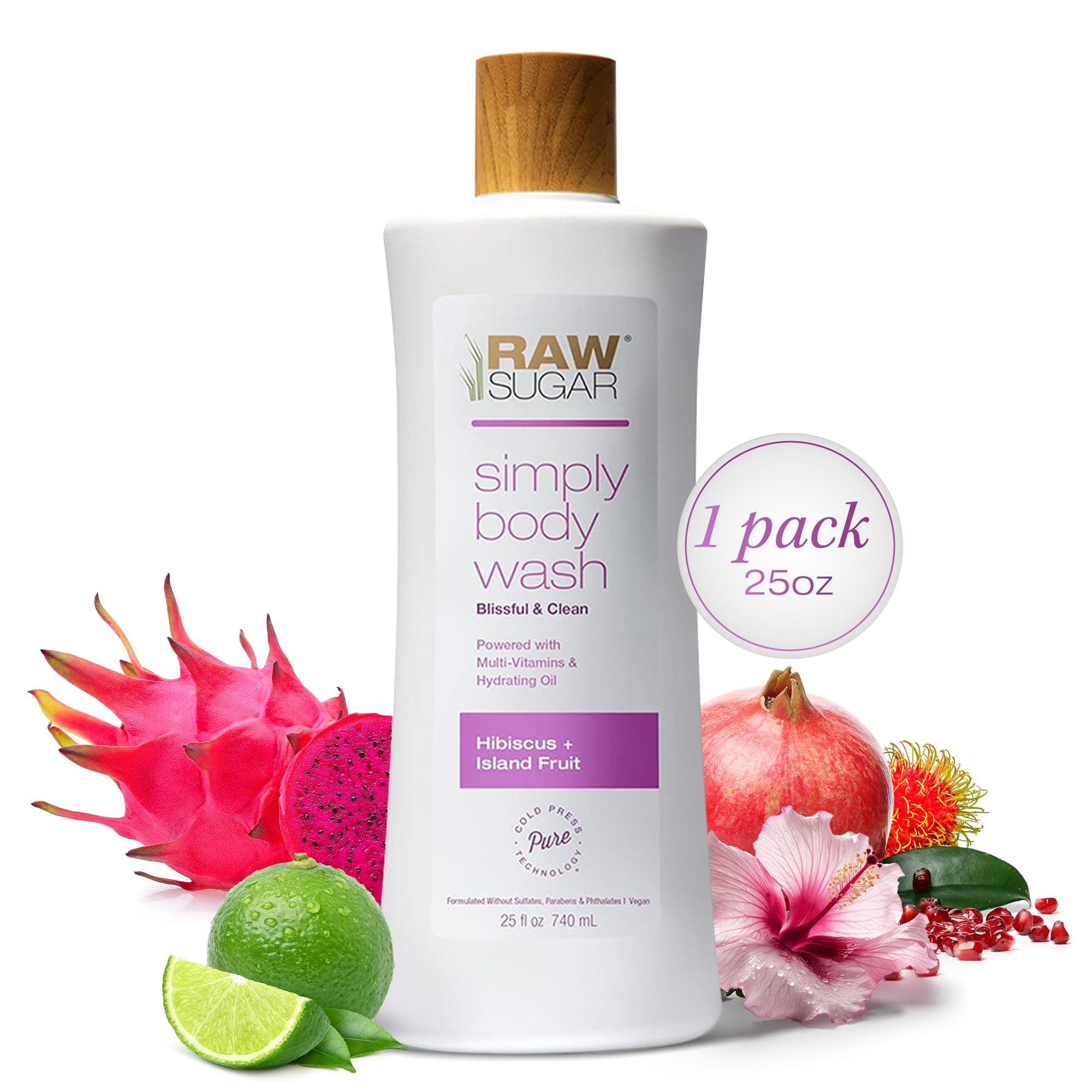 RAW SUGAR Simply Body Wash - Hibiscus + Island Fruit, Moisturizing & Soothing Bath & Shower Gel, Sulfate-Free, Paraben-Free & Vegan (25 Fl Oz, Pack of 1)