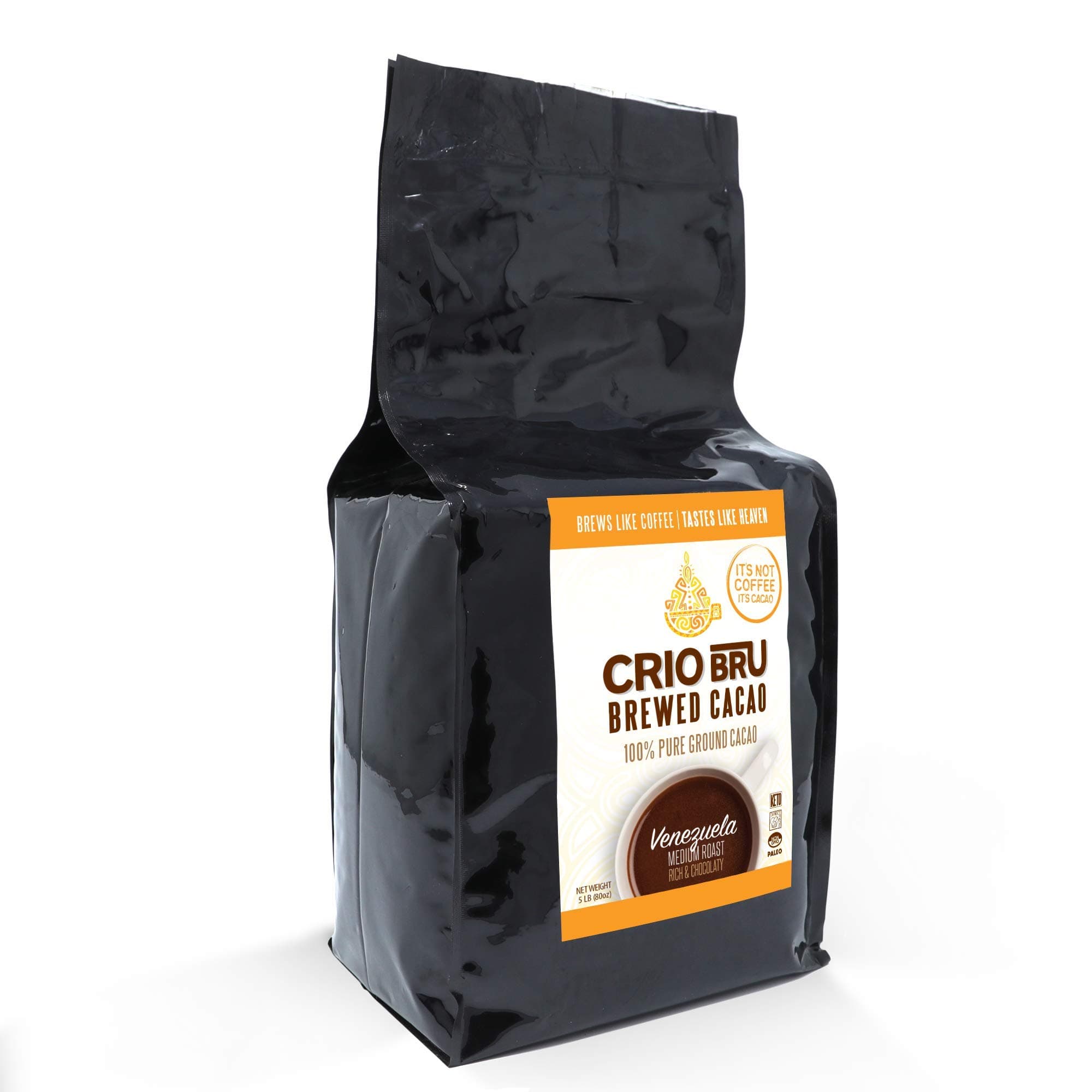 Crio Bru Brewed Cacao Venezuela Medium Roast 5lb (80oz) Bag - Coffee Alternative Natural Healthy Drink | 100% Pure Ground Cacao Beans | 99.99% Caffeine Free, Keto, Low Carb, Paleo, Non-GMO