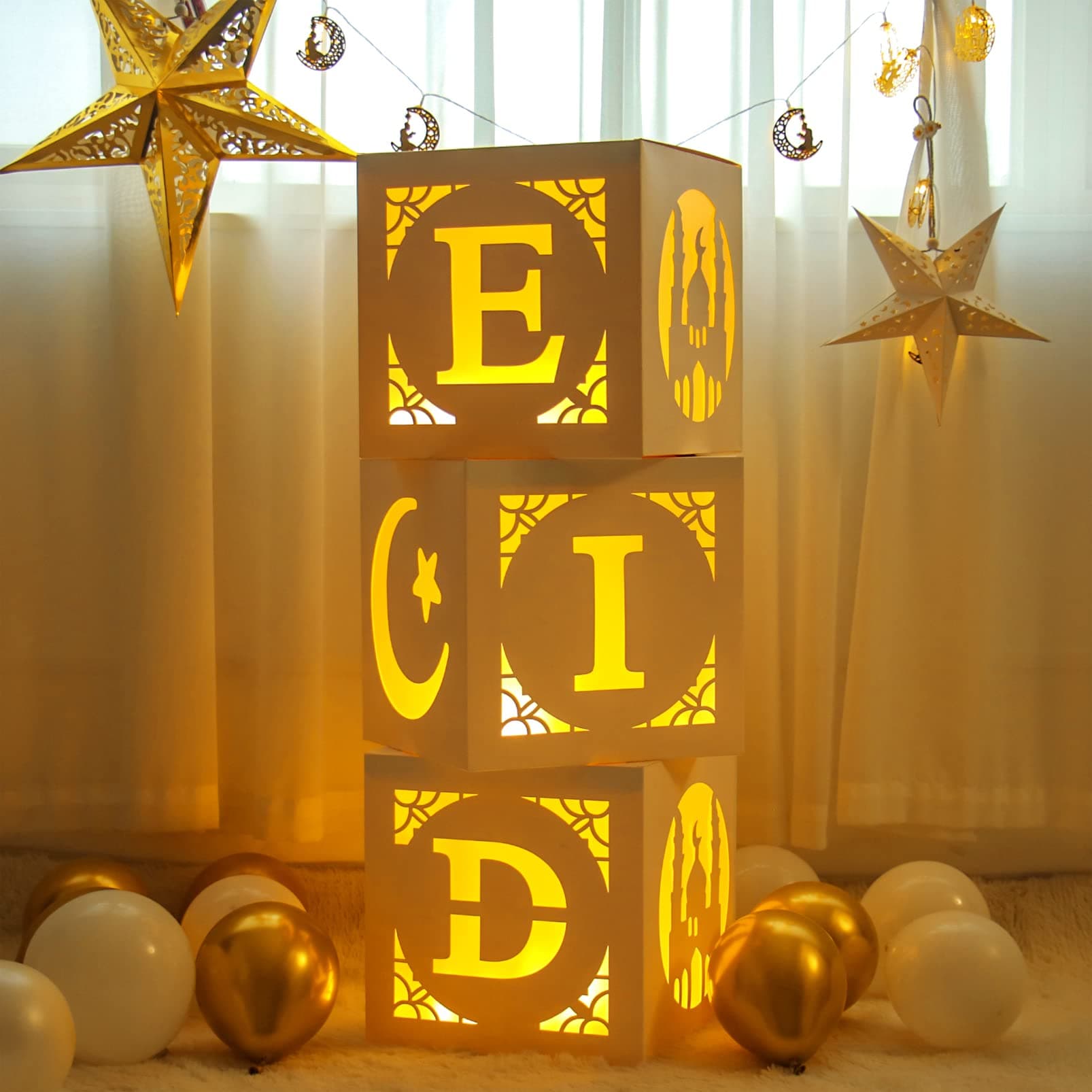 Staraise Eid Mubarak Decorations- 3pcs Mubarak Eid Hollow Boxes with Lights,Eid Mubarak Decorations for Home,DIY Eid Mubarak Boxes for Ramadan Lights Decorations,Eid Decorations Party Decor
