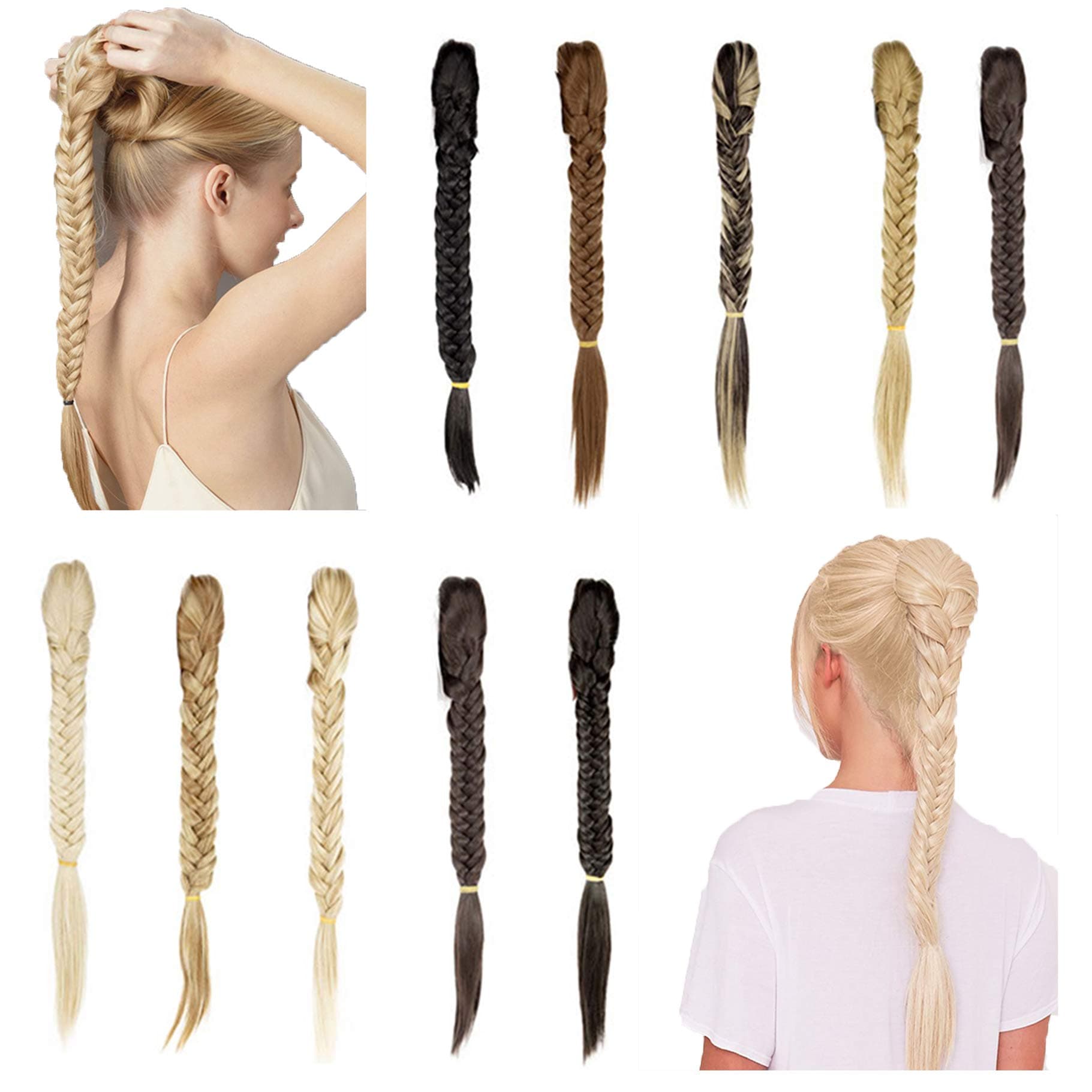 Hioffer 21 Inch Fishtail Braid Extension Clip in Hairpiece Long Synthetic Braiding Ponytail with Claw Jaw