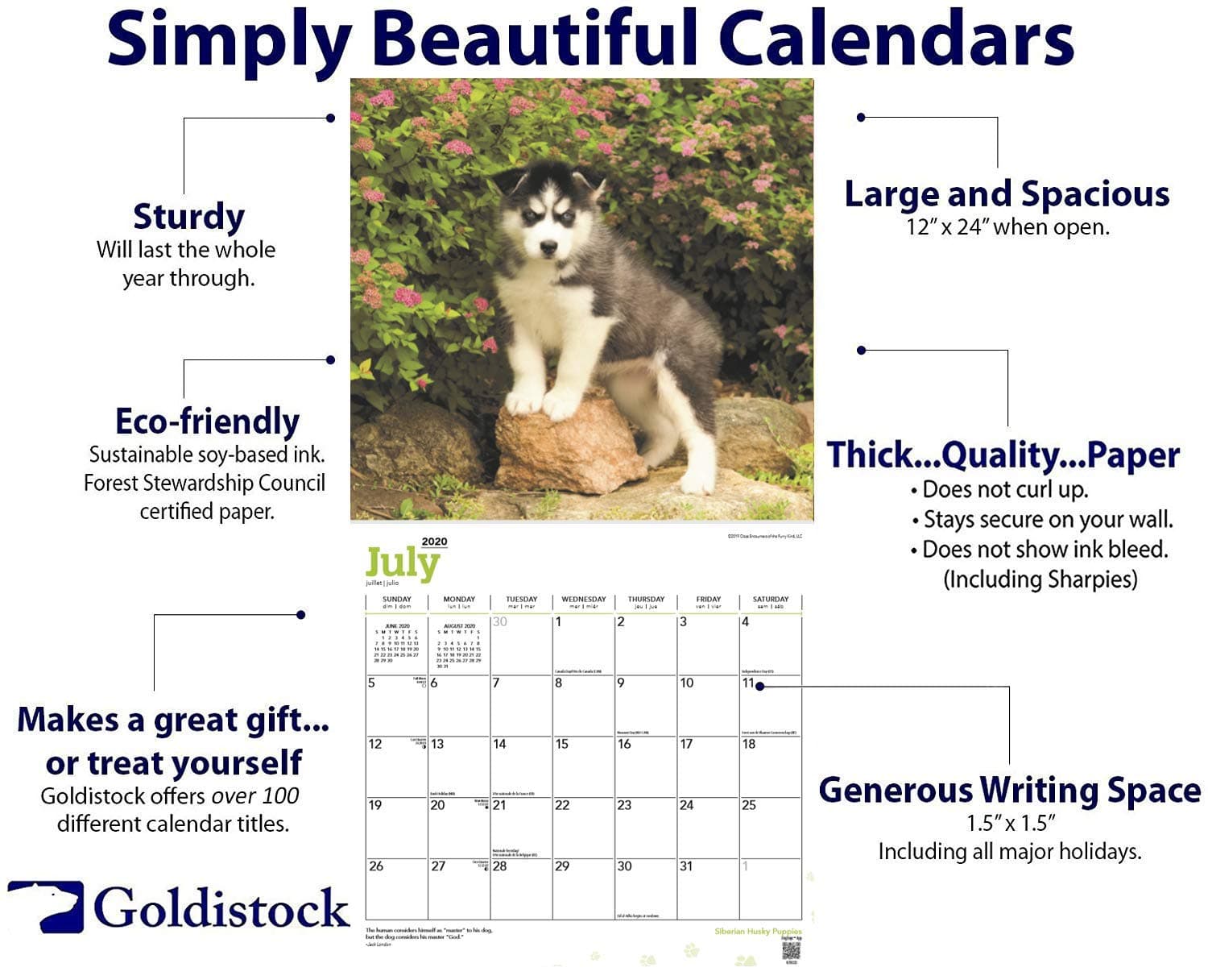 Goldistock 2020 Large Wall Calendar -"Siberian Husky Puppies" - 12" x 24" (Open) - Thick & Sturdy Paper - - Fun-Loving and Smart