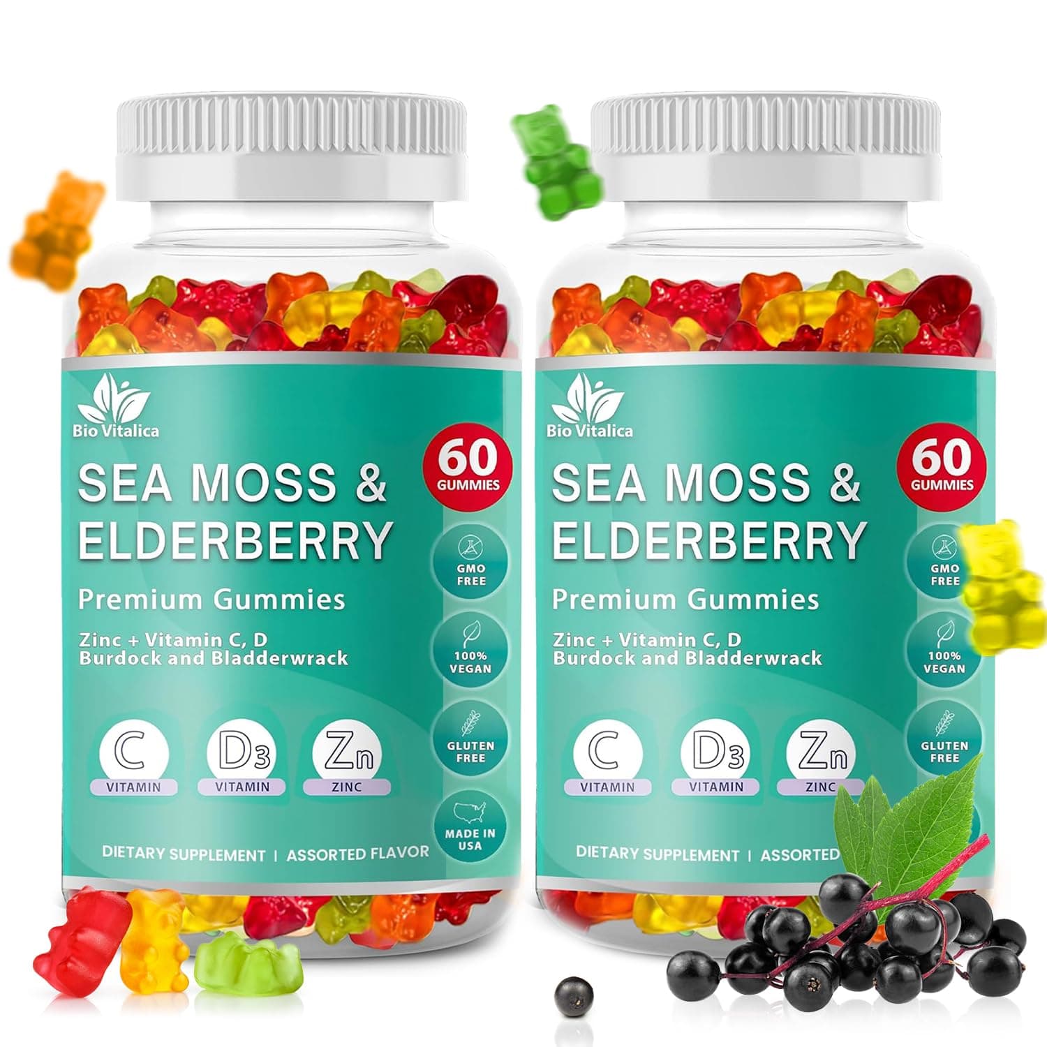 BIO VITALICA (2 Pack) Sea Moss Gummies Elderberry - Vitamin C D + Zinc - Irish Seamoss Vegan Gummy with Sea Moss Gel & Powder for Immunity, Detox & Energy - for Adults and Kids (2)