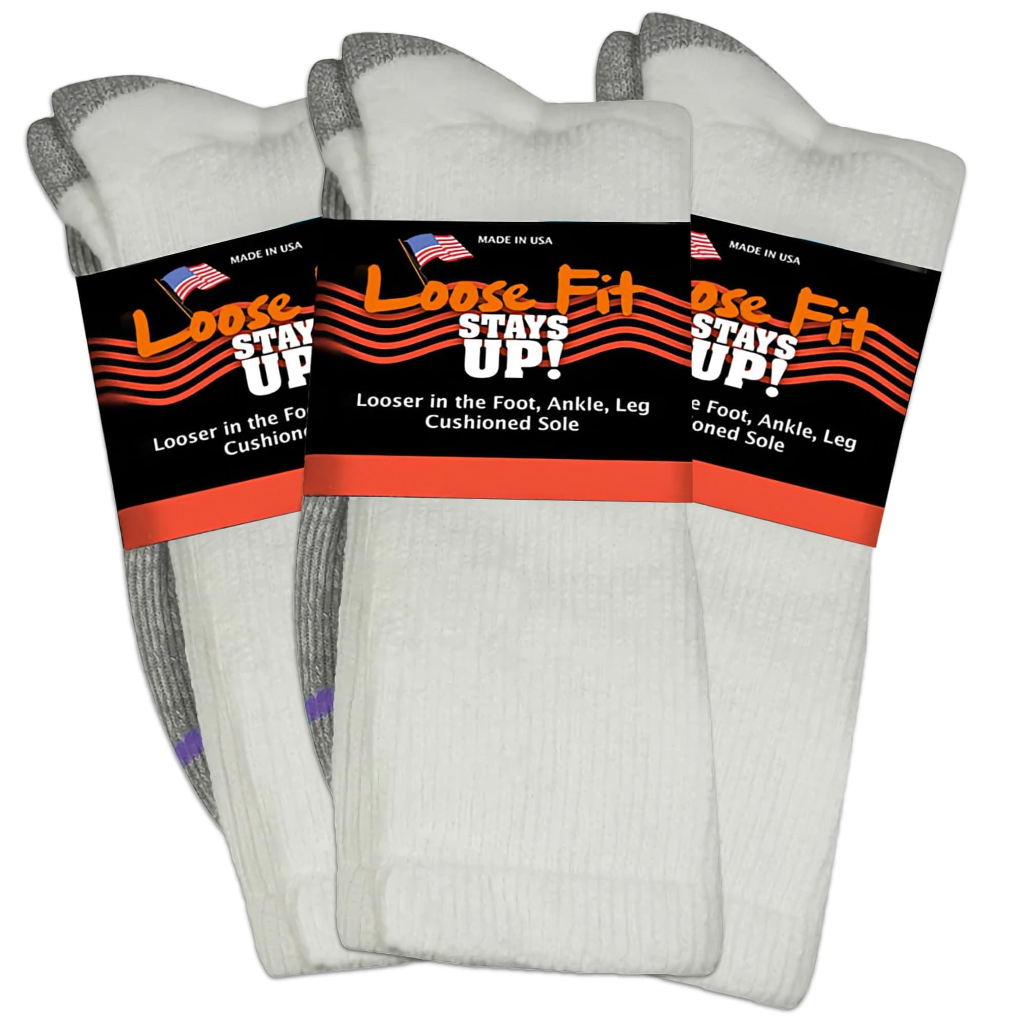 Loose Fit Stays Up Men's and Women's Casual Crew Socks (Pack of 3) Made in USA! Cushioned Sole
