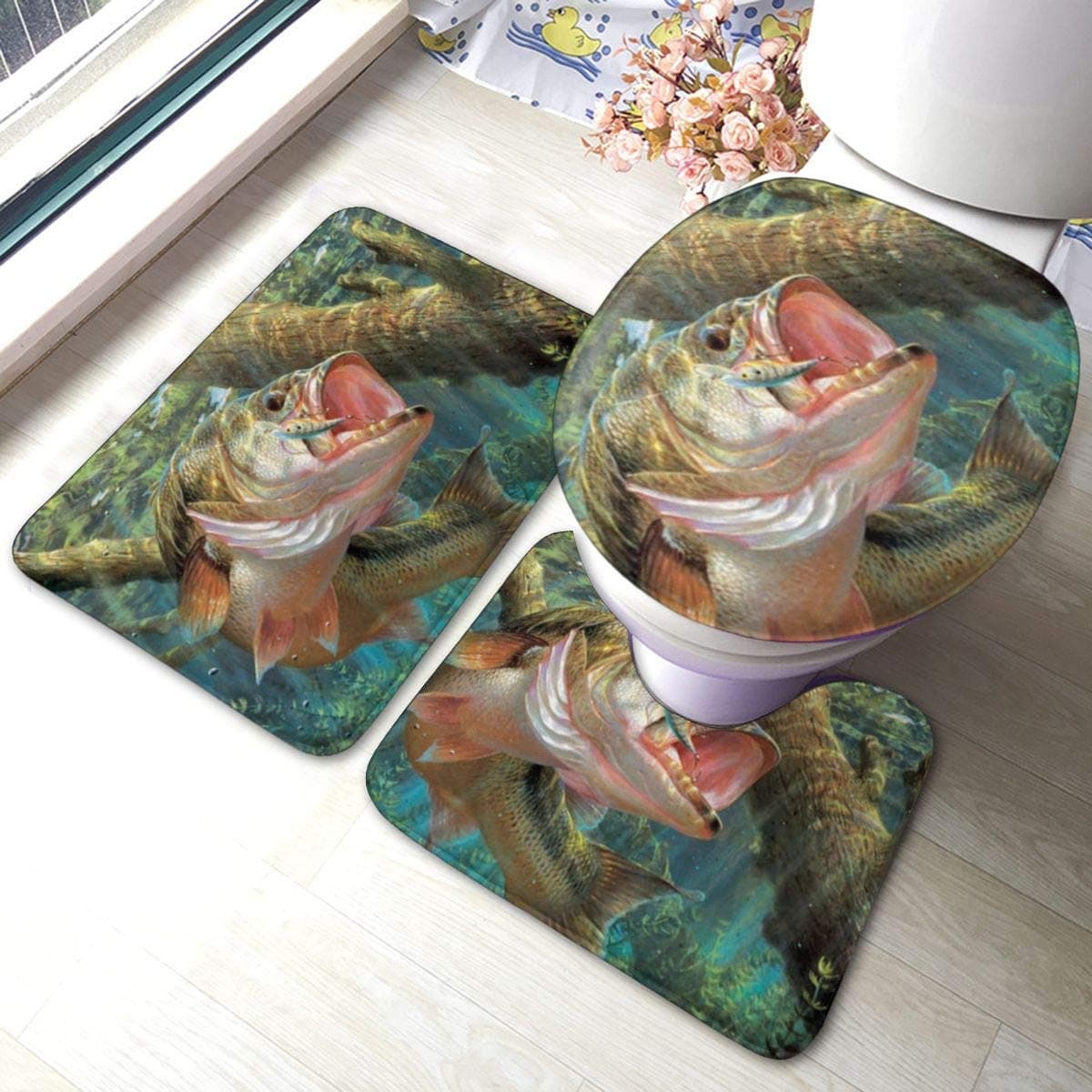 DERTYV Bass Fishing Bathroom Accessories Bathroom Rug Mat Set 3 Piece Non Slip Bath Mat Pedestal Rug+ U Shaped Contour Mat + Lid Toilet Cover Pad 40x60cm, Black, One Size