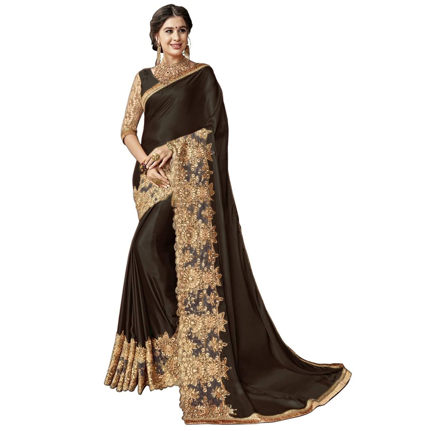 TRENDMALLSWomen's Malai Silk Embroidery Stone, Work Saree with Unstitch Blouse Piece
