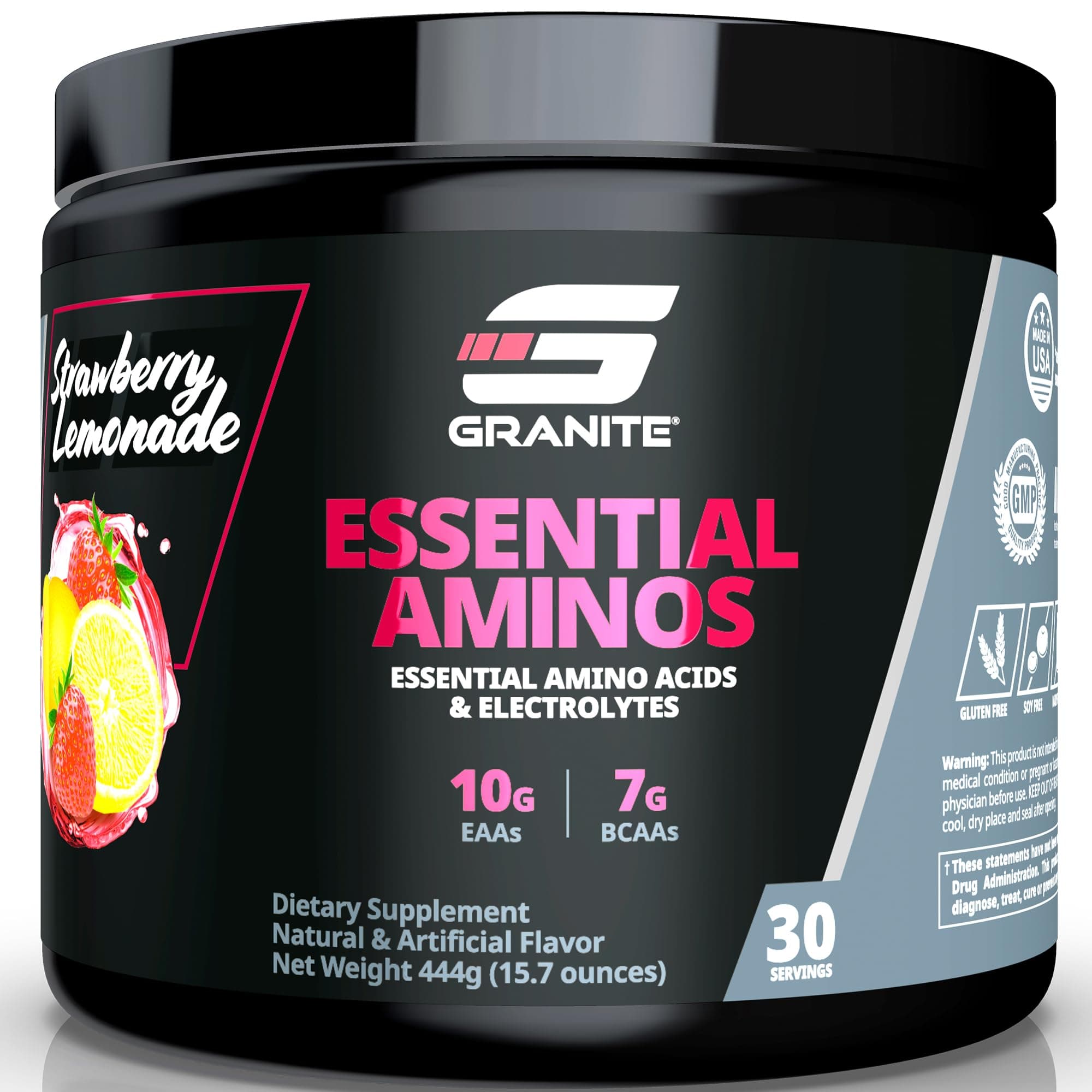 Granite Essential Amino Acids Powder for Muscle Recovery and Growth with 10g EAAs and 7g BCAAs - Soy-Free, Gluten-Free, 448g (30 Servings), Strawberry Lemonade