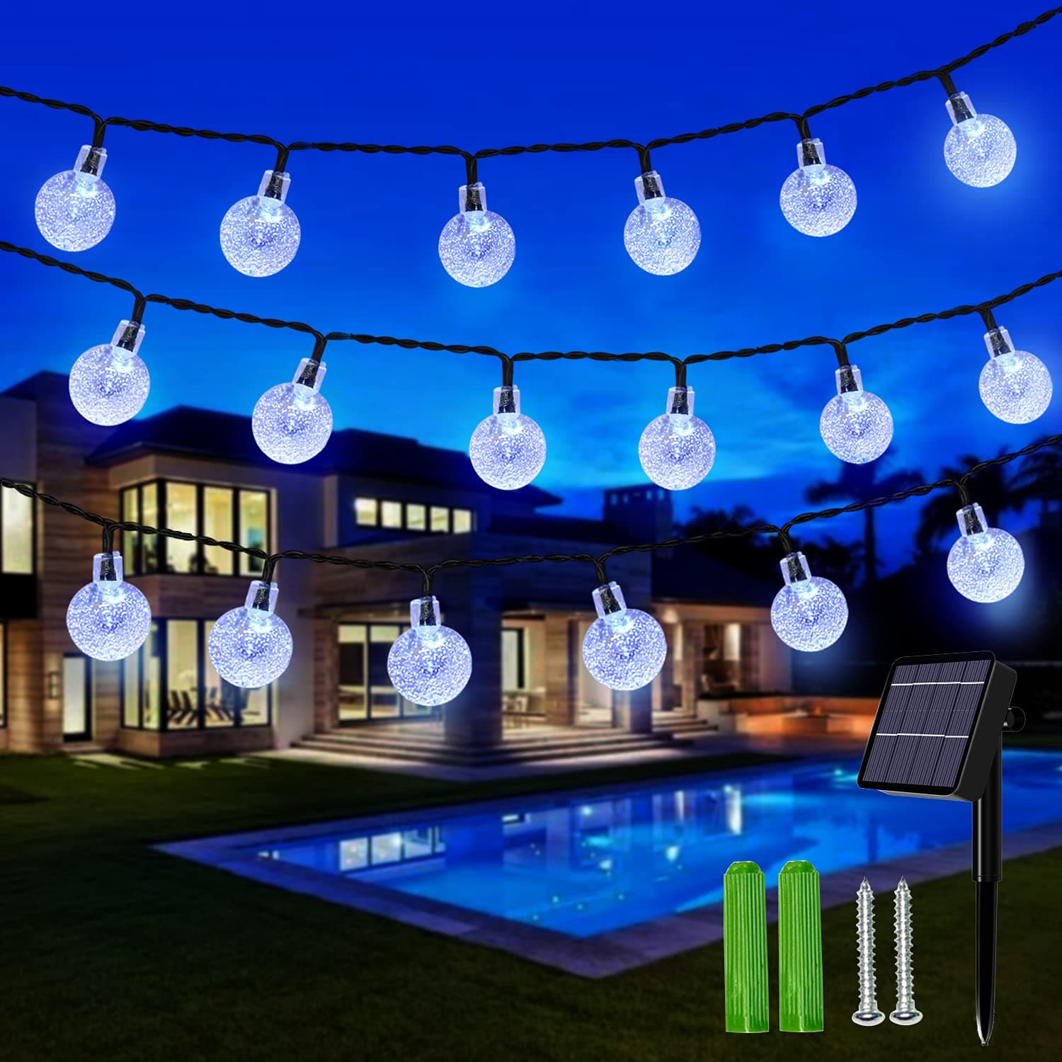 Solar String Lights, 59Ft 100 LED Globe String Lights, Solar Fairy Garden Lights Waterproof 8 Modes Indoor Outdoor Balcony Lights for Patio, Gazebo and Wedding Decor (Cool White)