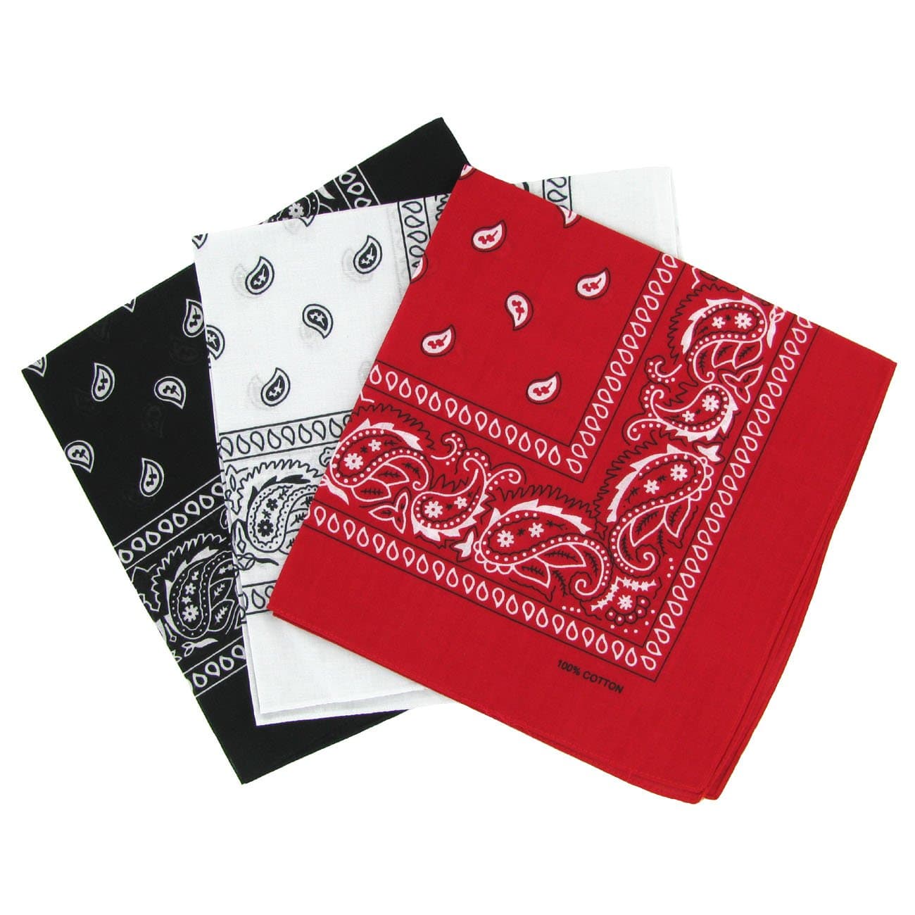 Snner Pack of 3 Paisley Bandanas - Red, White, Black - One Size