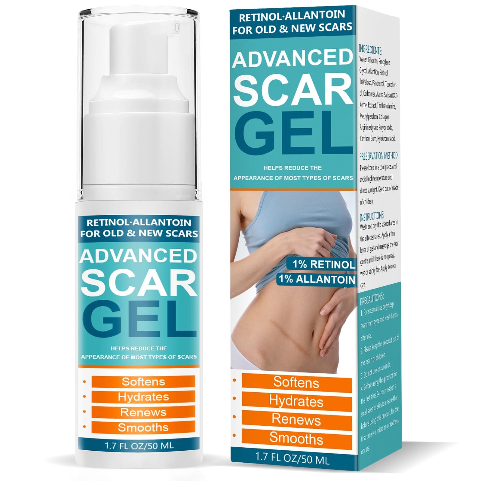 Scar Cream, Silicone Scar Gel-Advanced Repairing New Old Scars for Surgical Scars, Stretch Marks, Burn, Keloid, C-Section, Acne, Injury, Hypertrophic Treatment, 1.76oz Pump Bottle (50G)