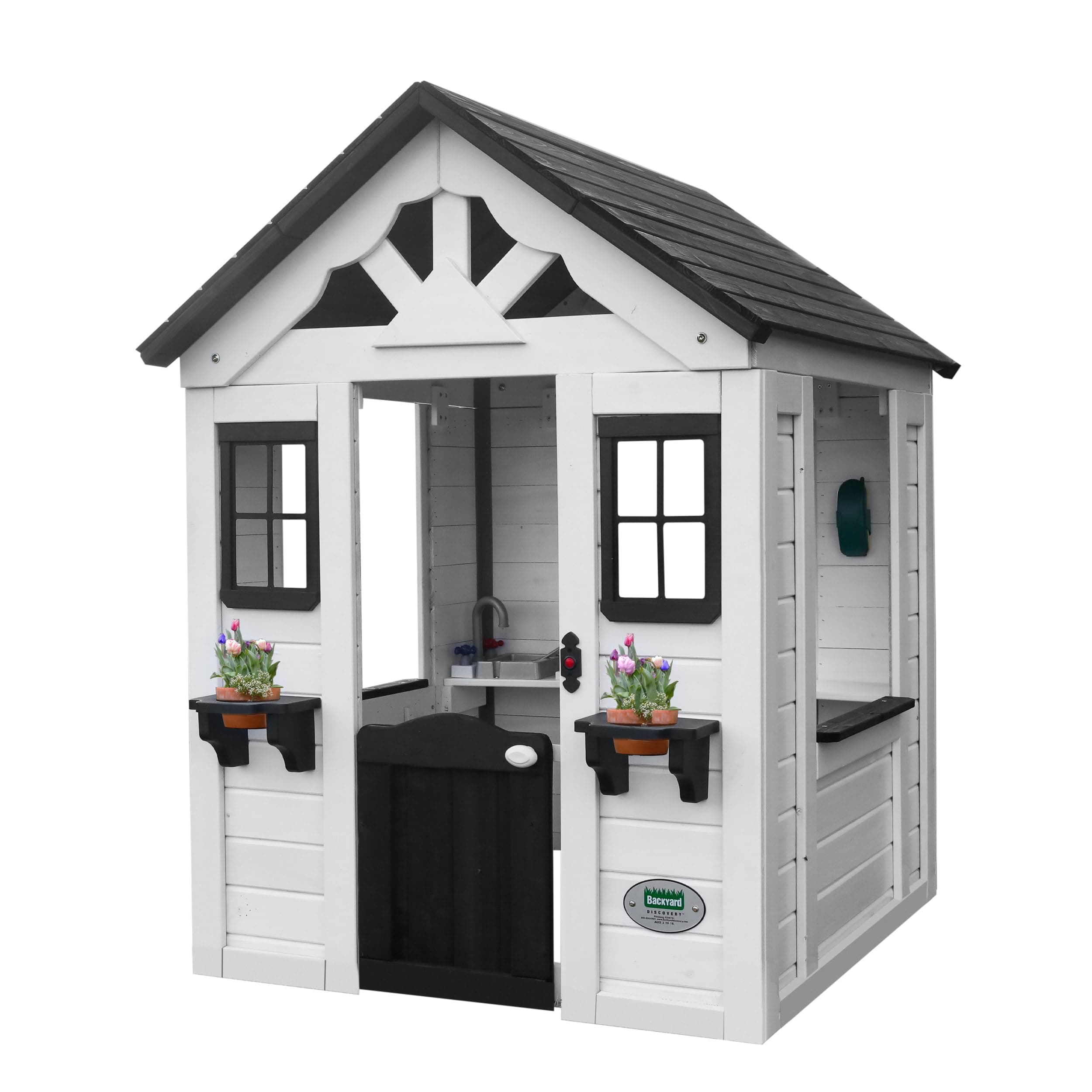 Backyard Discovery Sweetwater White Cedar Wooden Kids Playhouse Cottage with Play Kitchen, Snack Bar, Half Door, Toy Phone, Windows, Flowerpot Holders, Working Doorbell for Outdoor Imaginative Play