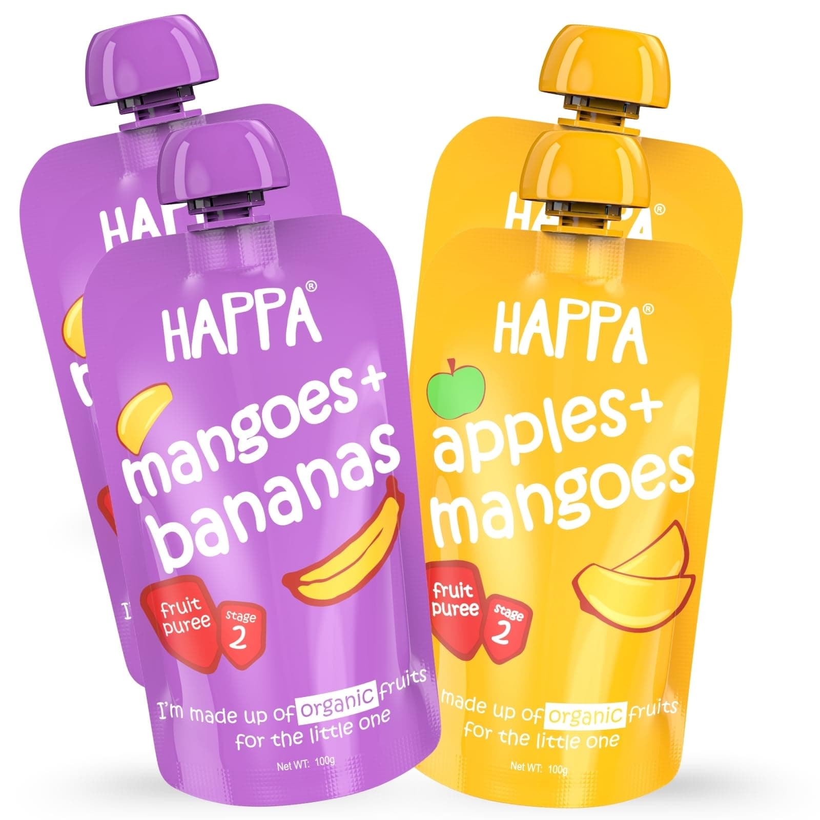 Organic Baby Food Apple & Mango + Mango & Banana Puree Combo | 100% Fruits | No Added Sugar | No Milk Powder | No Preservatives | Stage 2 (6M+) | Ready to Eat | Allergen-Free | 4 x 100g