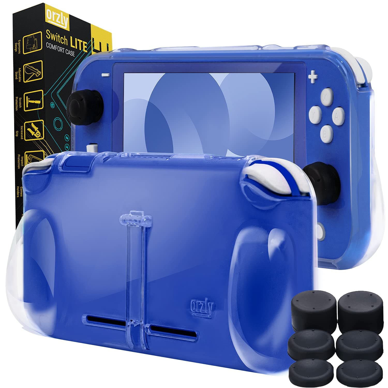 Orzly Protective Case for Switch lite, Clear Rugged Grip case with Kickstand Shock Absorption for Blue Turquoise Yellow Coral Grey - Hand Grip Transparent Edition with with Thumb Grips Included