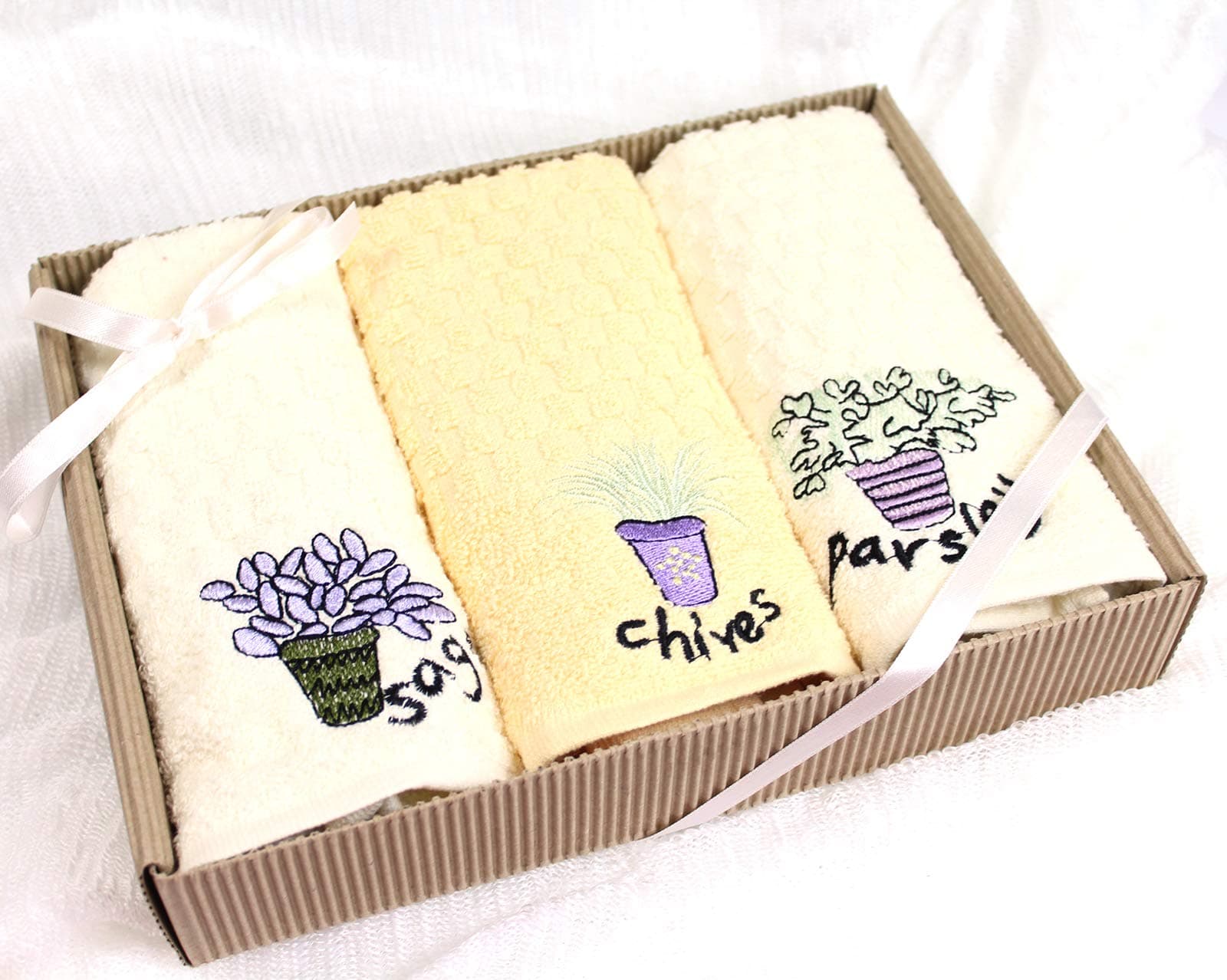 Riggs 3 Pack Tea Towels - Gift Boxed - Detailed Embroidered Designs - Absorbent Soft 100% Cotton (Old Herbs)