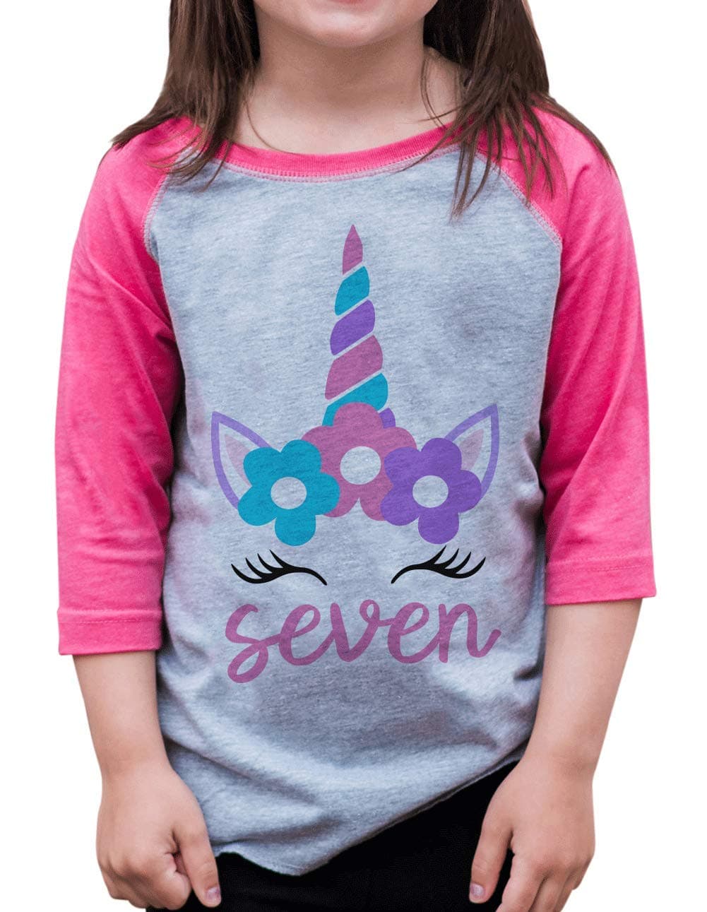 7 ate 9 ApparelGirls Seven Birthday Unicorn Raglan Tee Pink