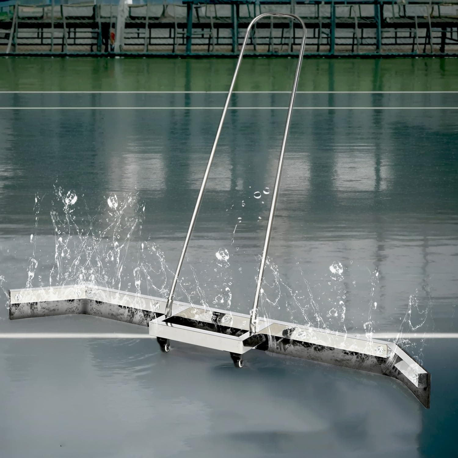 AIWFL 4.5FT Stainless Steel Sport Tennis Court Squeegee with Wheel, Heavy Duty Rain Shuttle with EVA Foam Blade, Professional Court Squeegees Floor Water Remover Squeegee Broom, Silver