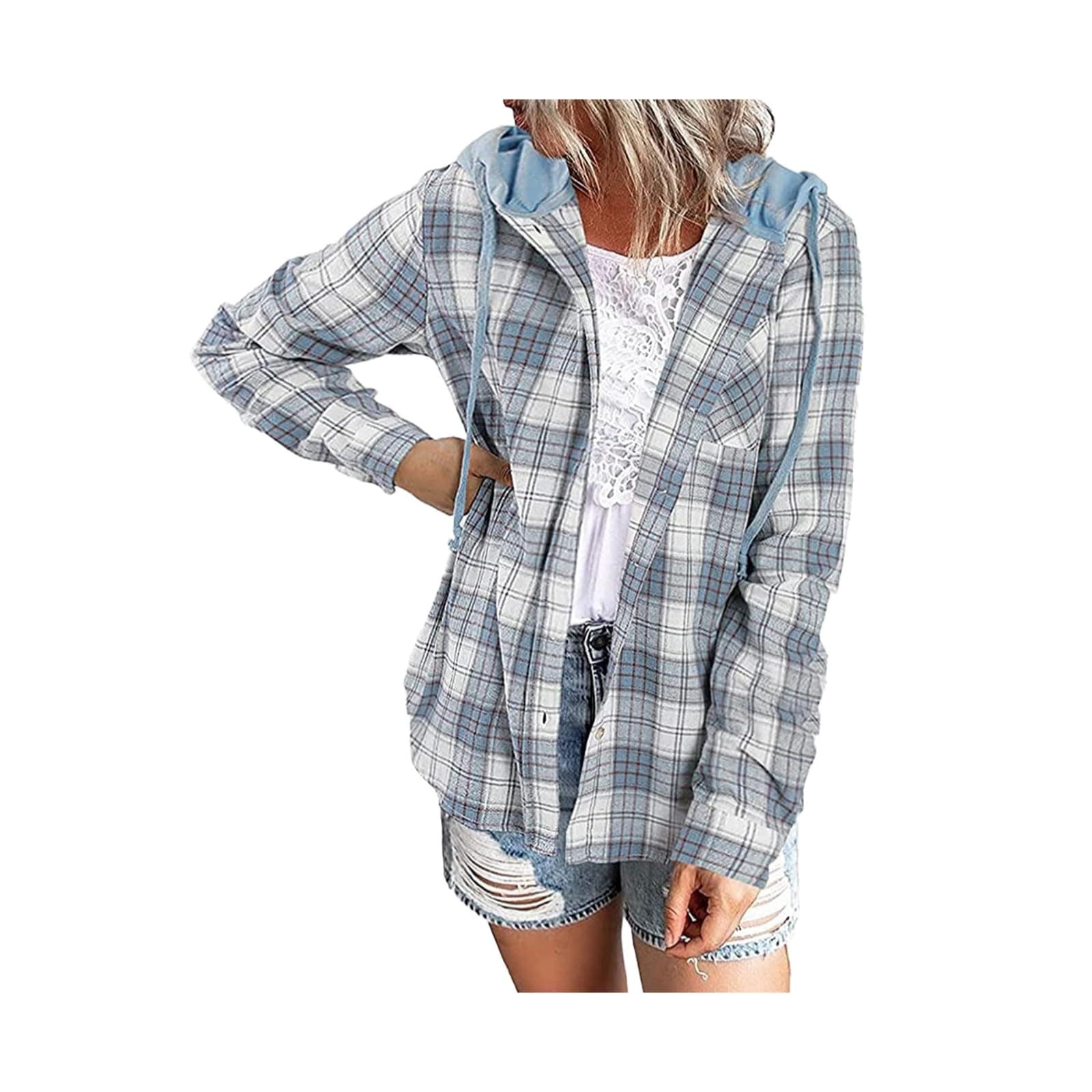 Jackets for Women Plaid Flannel Shirt Casual Long Sleeve Hoodie Button Down Drawstring Shackets Womens Fall Fashion 2023