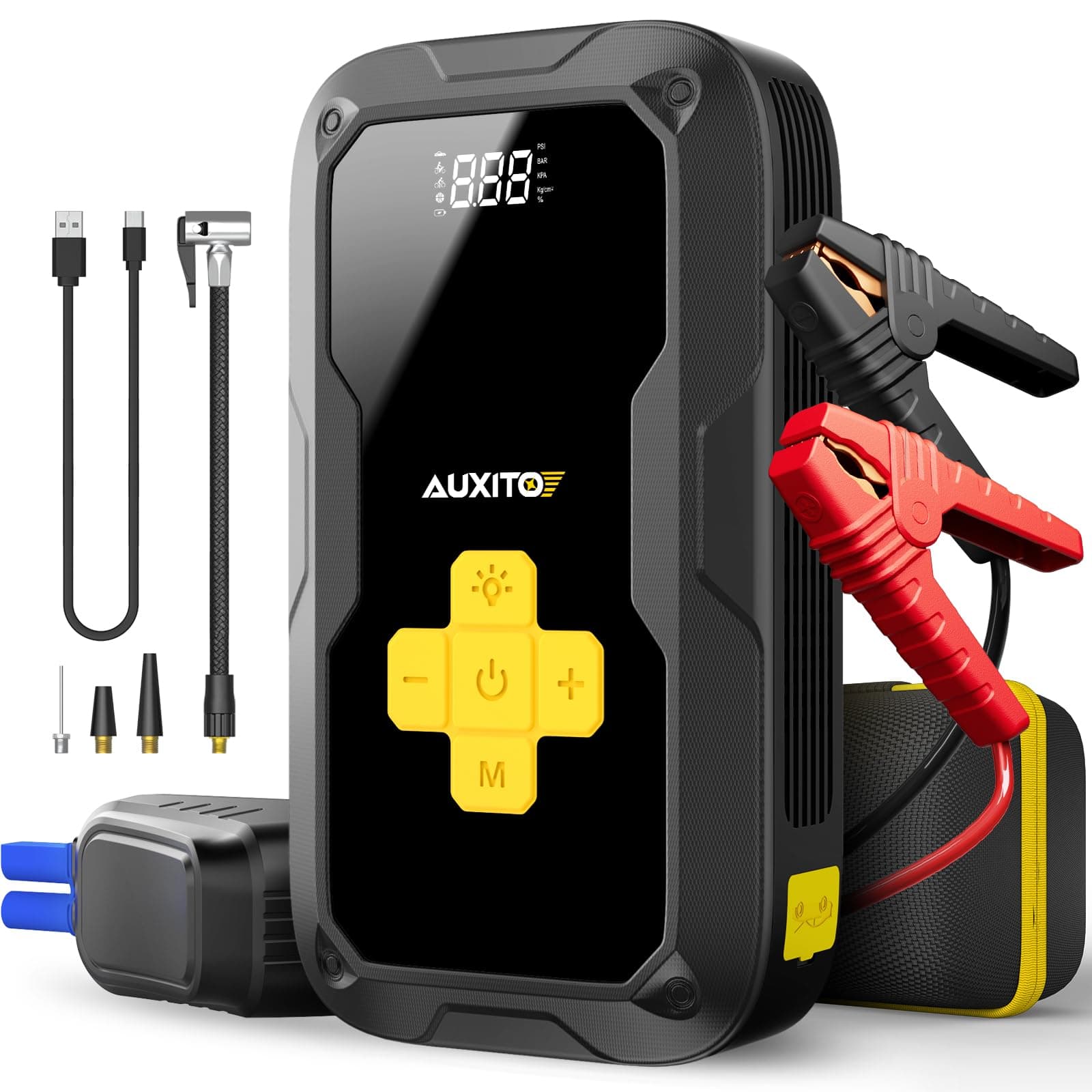 - Jump Starter with Air Compressor, AUXITO 6000A Portable Car Jumper, 150PSI Digital Tire Inflator, 12V Jump Box for All Gas/8L Diesel Engine, Power Bank with Type-C Quick Charger, 400LM Emergency Light