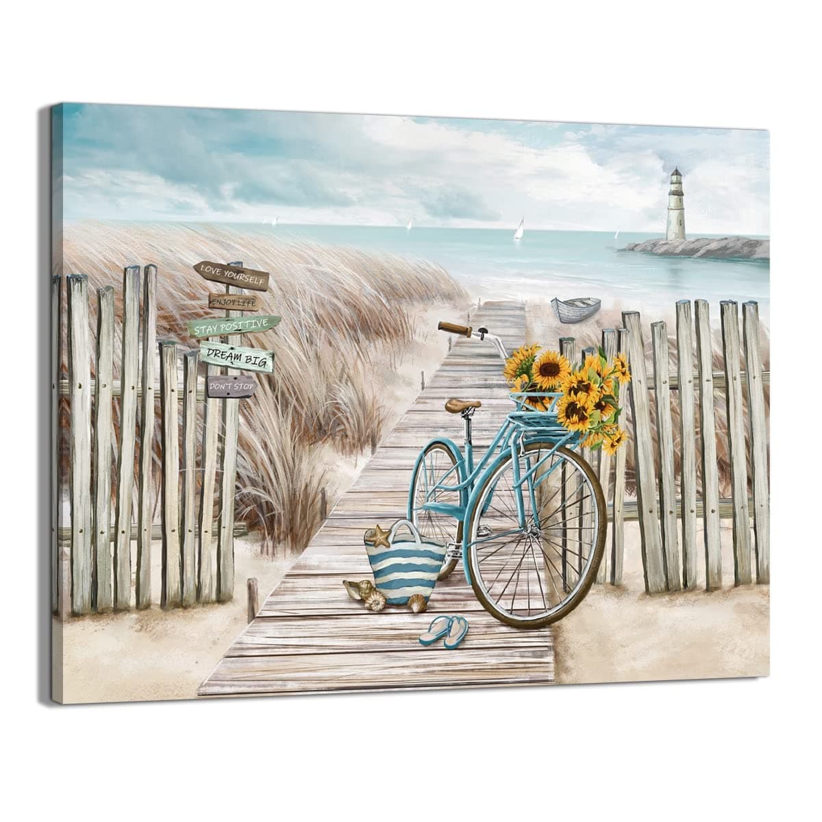 LAIART Beach Canvas Wall Art for Bathroom With Fence Wooden Path Bike Decor Lighthouse Print Pictures Artwork (11"x15")…
