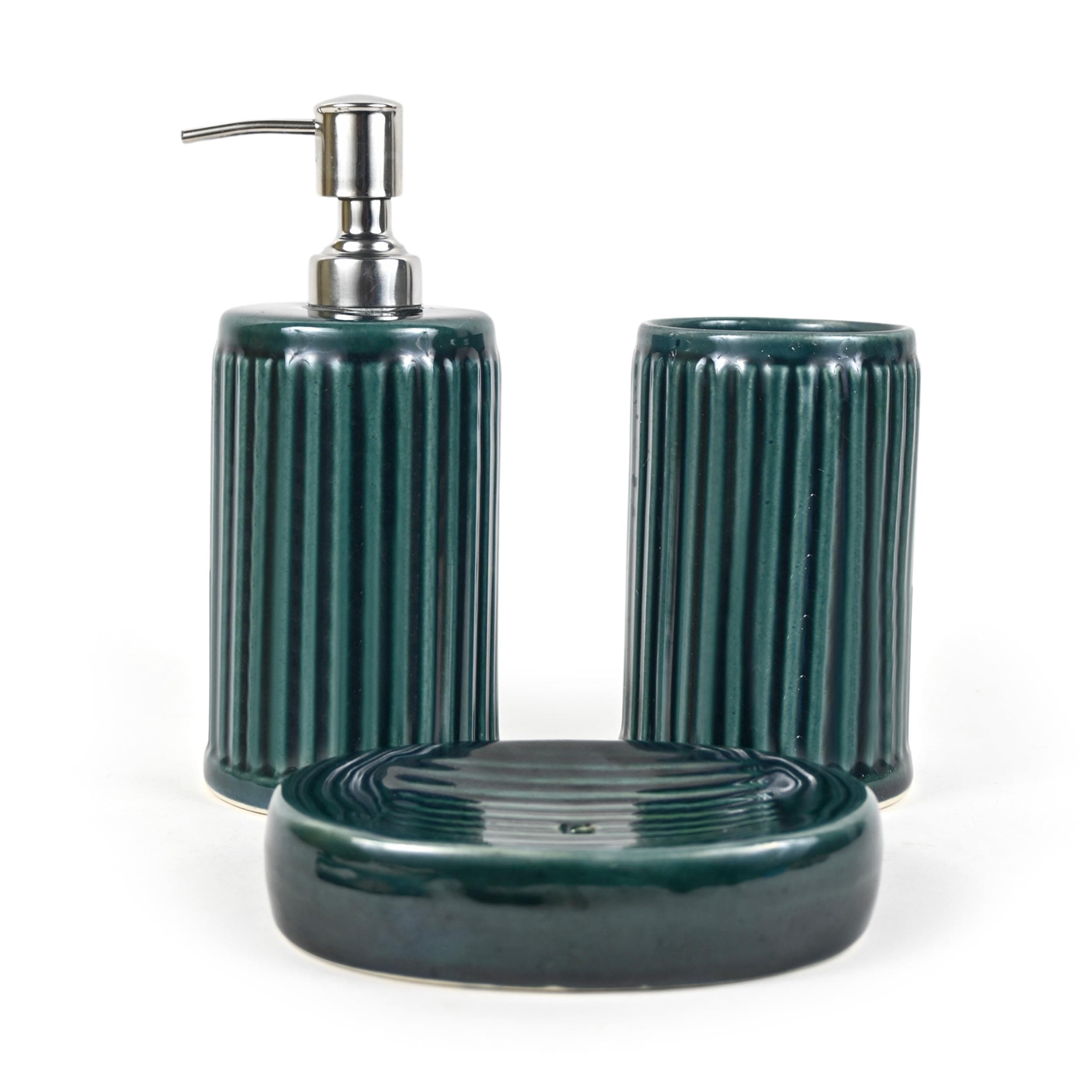 Haven Craft, Bathroom Set of 3 Ceramic Bathroom Accessories of Liquid Soap Dispenser, Toothbrush Holder & Soap-Dish/Tray| Hand-Crafted & Hand Painted Utility Bathroom Decor.