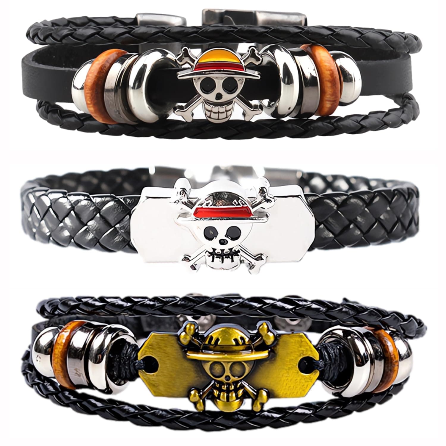 3Pcs Anime Leather Bracelets, Skull Punk Alloy Cuff Wristband