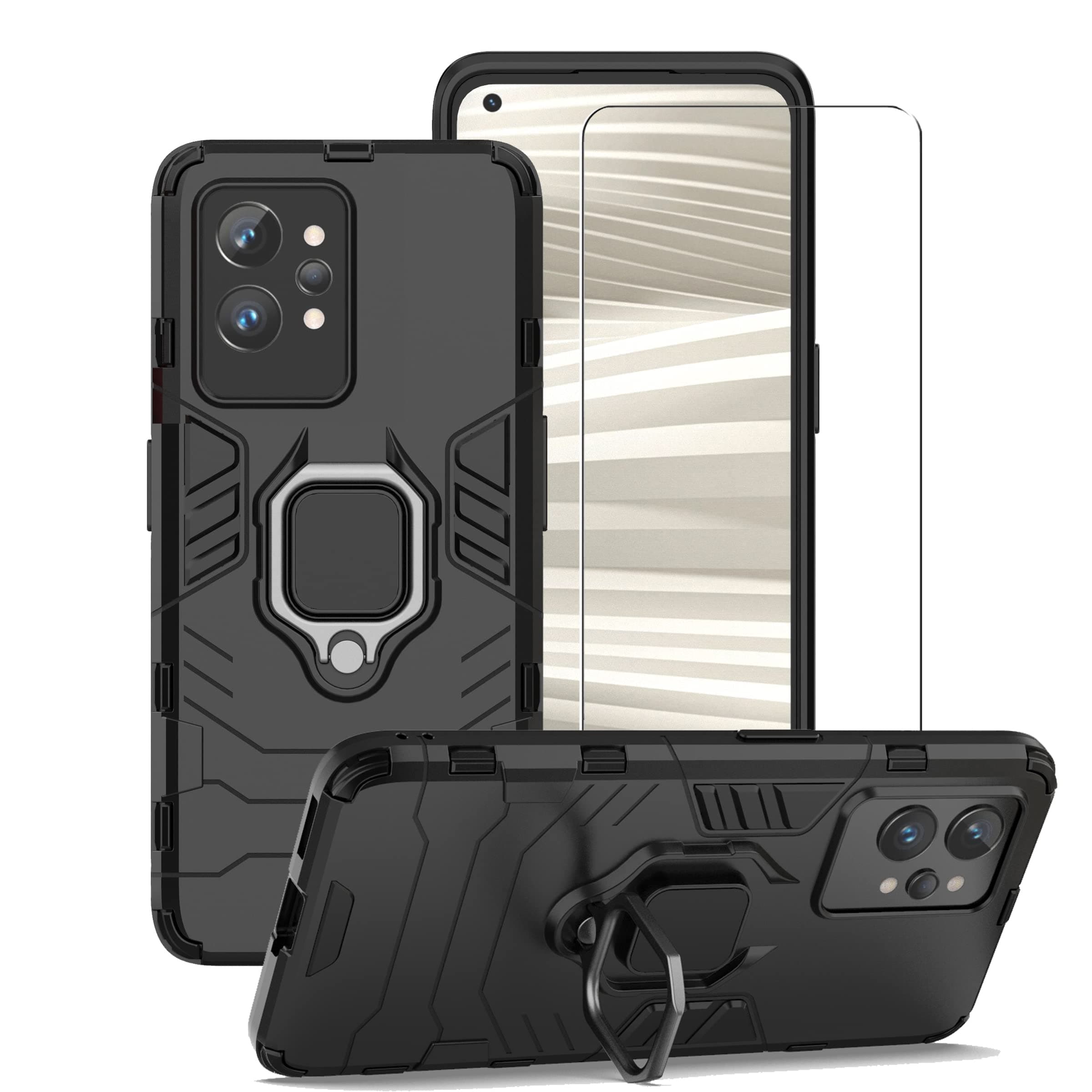 ZMONE for Realme GT2 Pro 5G / Realme GT 2 Pro Case with Glass Screen Protector, Heavy Duty Military Grade Shockproof Protective Cover with Magnetic Ring Kickstand - Black