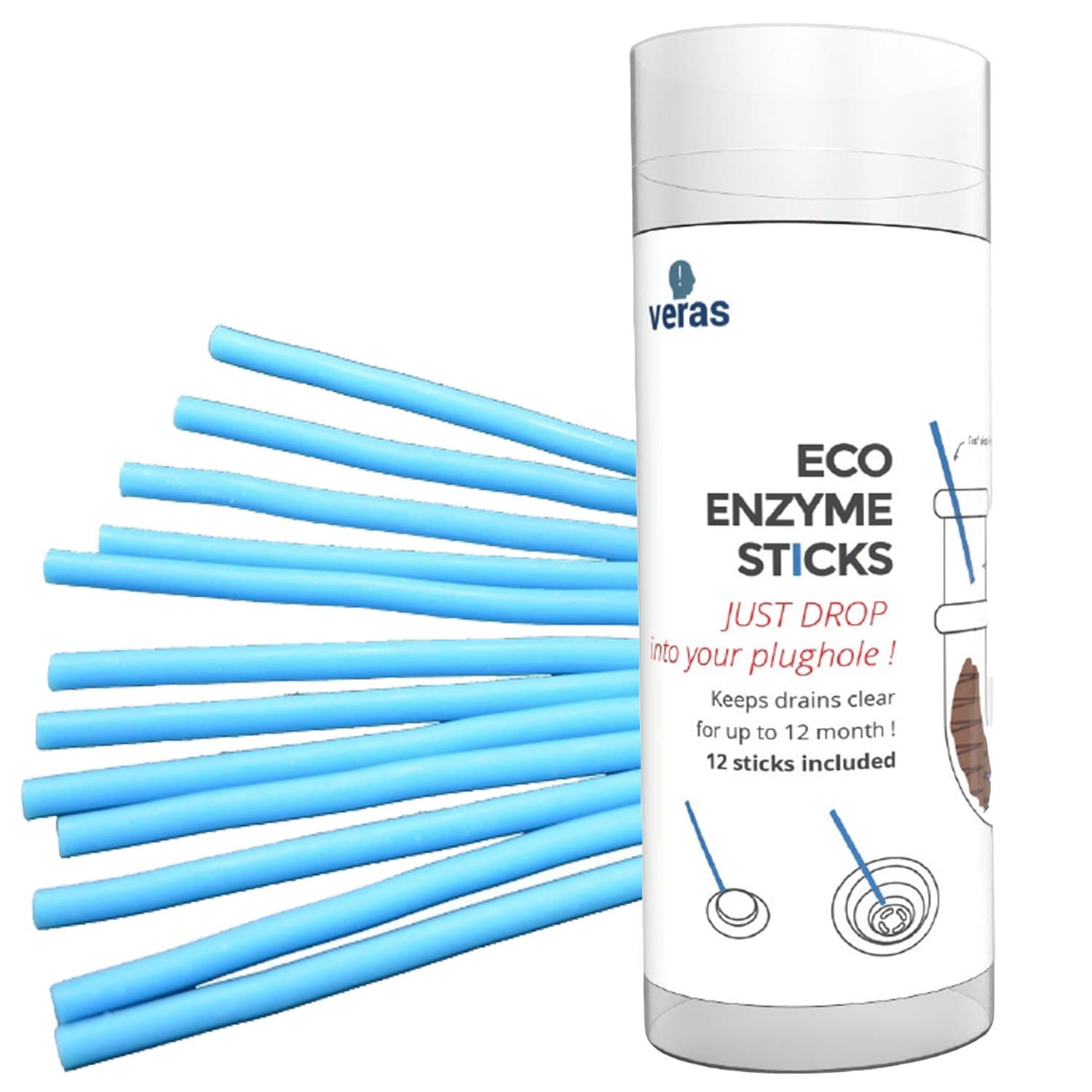 Veras ECO enzyme Sticks Drain Cleaning 12 Sticks For All Sink Shower Floor Drains Prevent Odors Clogs