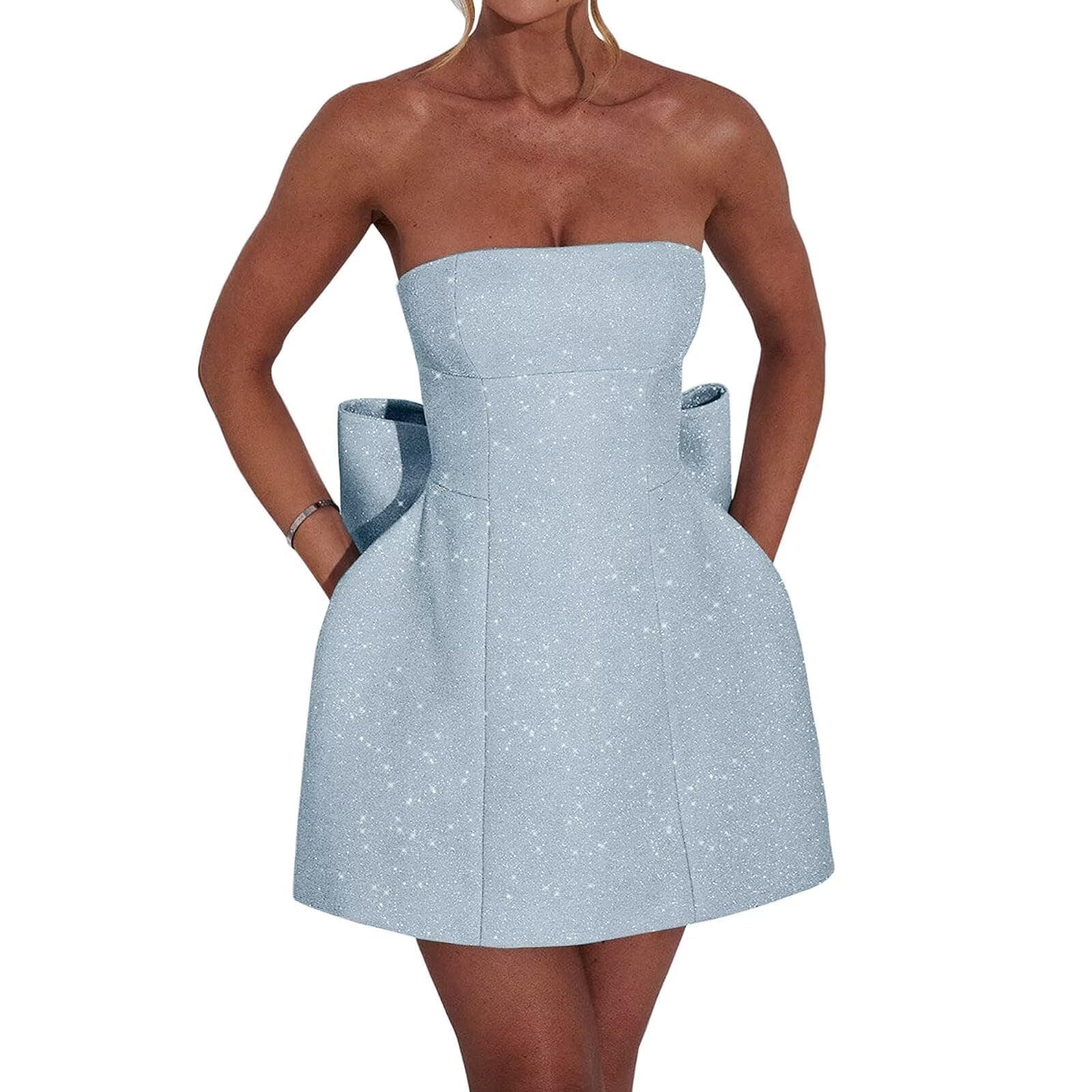 TIRAS Short Sparkly Cocktail Dresses with Oversize Bow Back Women's Strapless Homecoming Party Dress