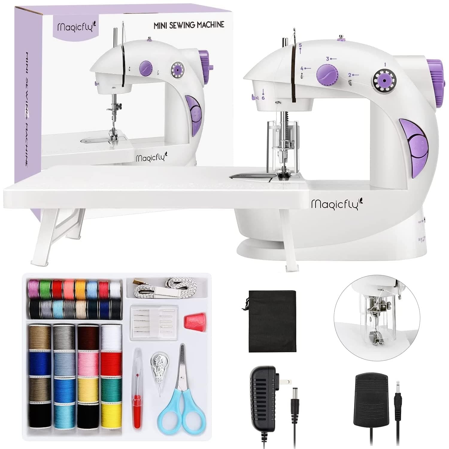 Magicfly Mini Sewing Machine with Extension Table, Dual Speed Portable Sewing Machine for Beginners with Light, Sewing Kit for Household Use, White