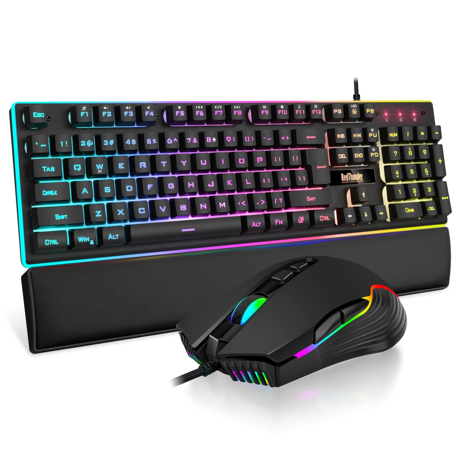 - K10 Wired Gaming Keyboard and Mouse and Wrist Rest Combo, RGB Backlit, Mechanical Feel Anti-ghosting Keyboard + 7D 7200 DPI Mice+Soft Leather Wrist Rest 3 in 1 PC Gamer Accessories(Black)