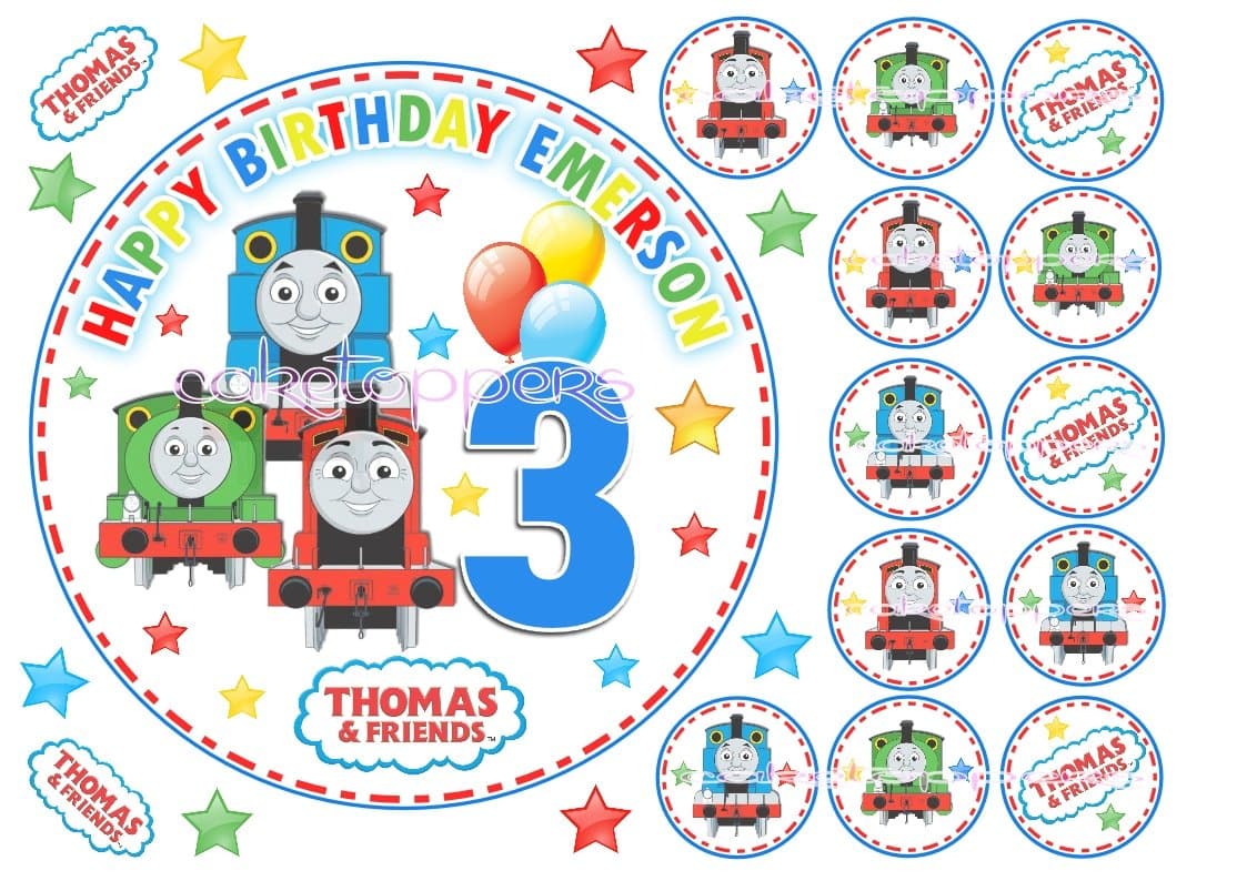 Edible Thomas The Tank 7" Uncut Icing Boys Personalised Cake Topper & 12 x Cupcake Toppers
