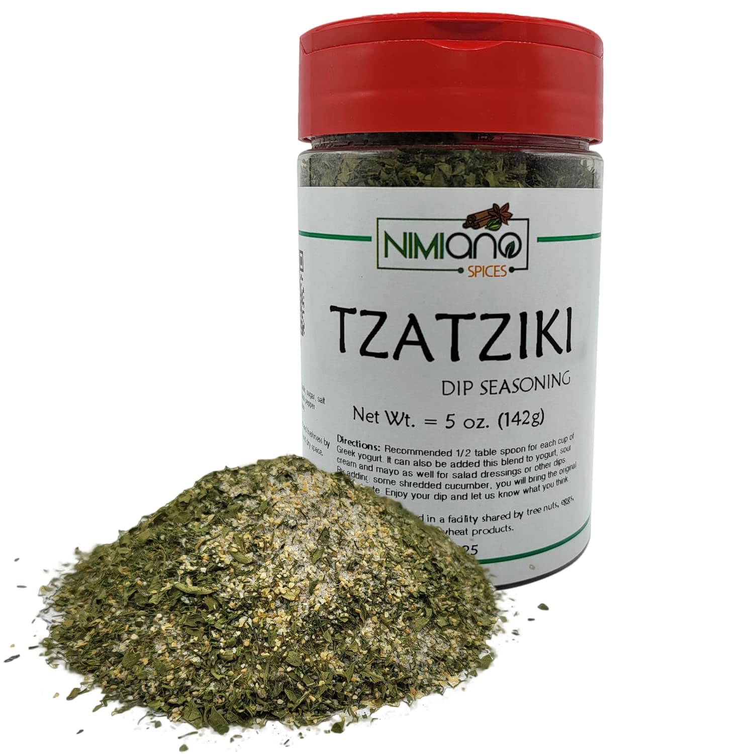 Nimiano Brand Tzatziki Dip Seasoning using Traditional Greek Flavor Freshly Packaged in 5oz (142g) PET Shaker Jar | Great for Dips, Yogurt and Salads | Vegan | Kosher and Halal